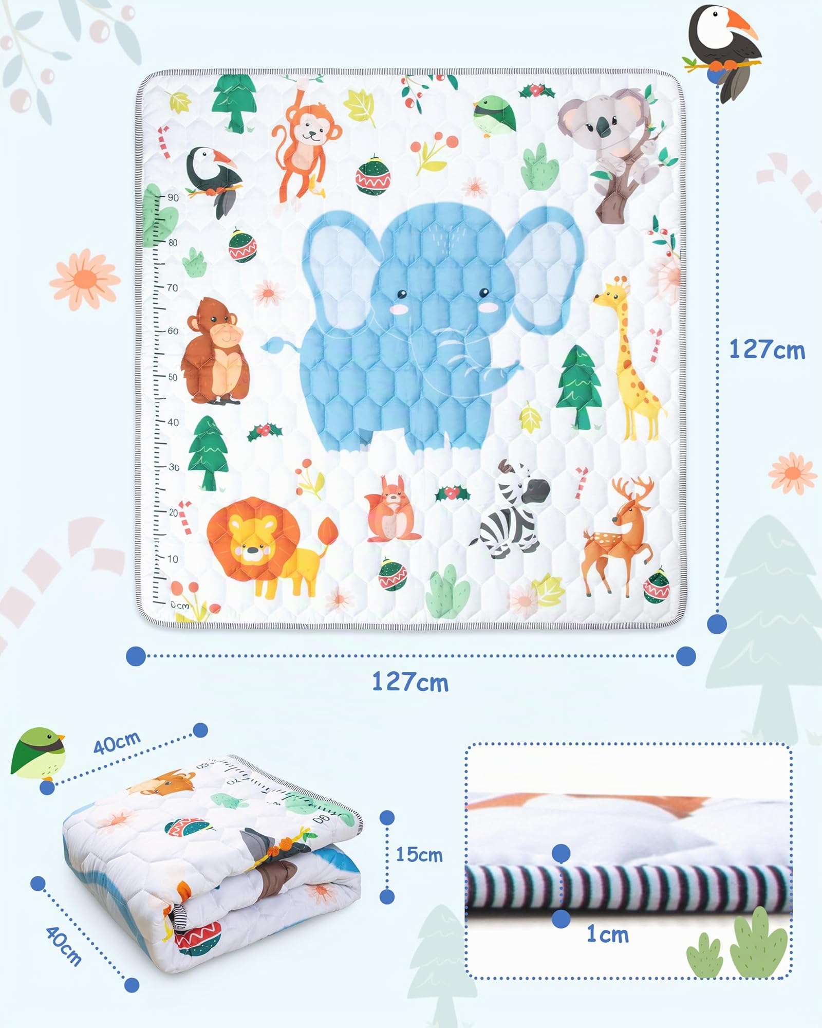 Tapis de Jeux Bebe, Antidérapant Tapis Rampant Bébé 127x127cm, Animaux Tapis de Motricité Bébé Pliable, Coton Tapis D'éveil Enfants Epais avec Règle, Applicable à Intérieur/Extérieur/Clôture