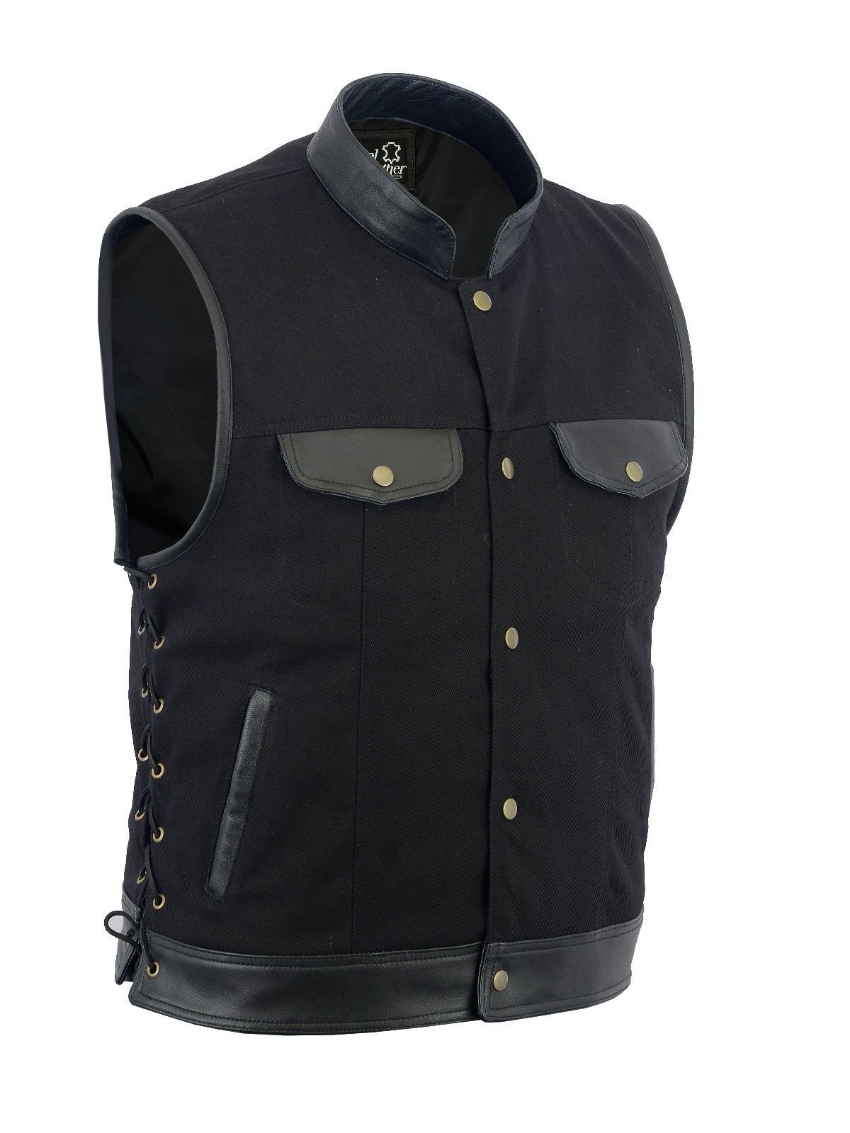 SOA Men's Basic Biker Side lace Leather Trim Denim Waistcoat Motorcycle Vest Snap Closure w/2 Inside Gun Pockets. (XS)