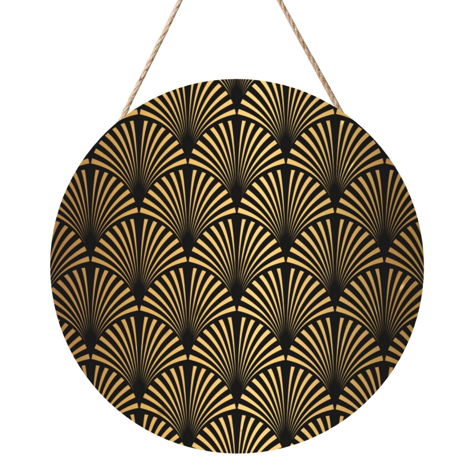 InOmak Art Deco Pattern Seamless Black Gold, Round Wood Panel Painting 12 in, Wall Hanging Painting For Home
