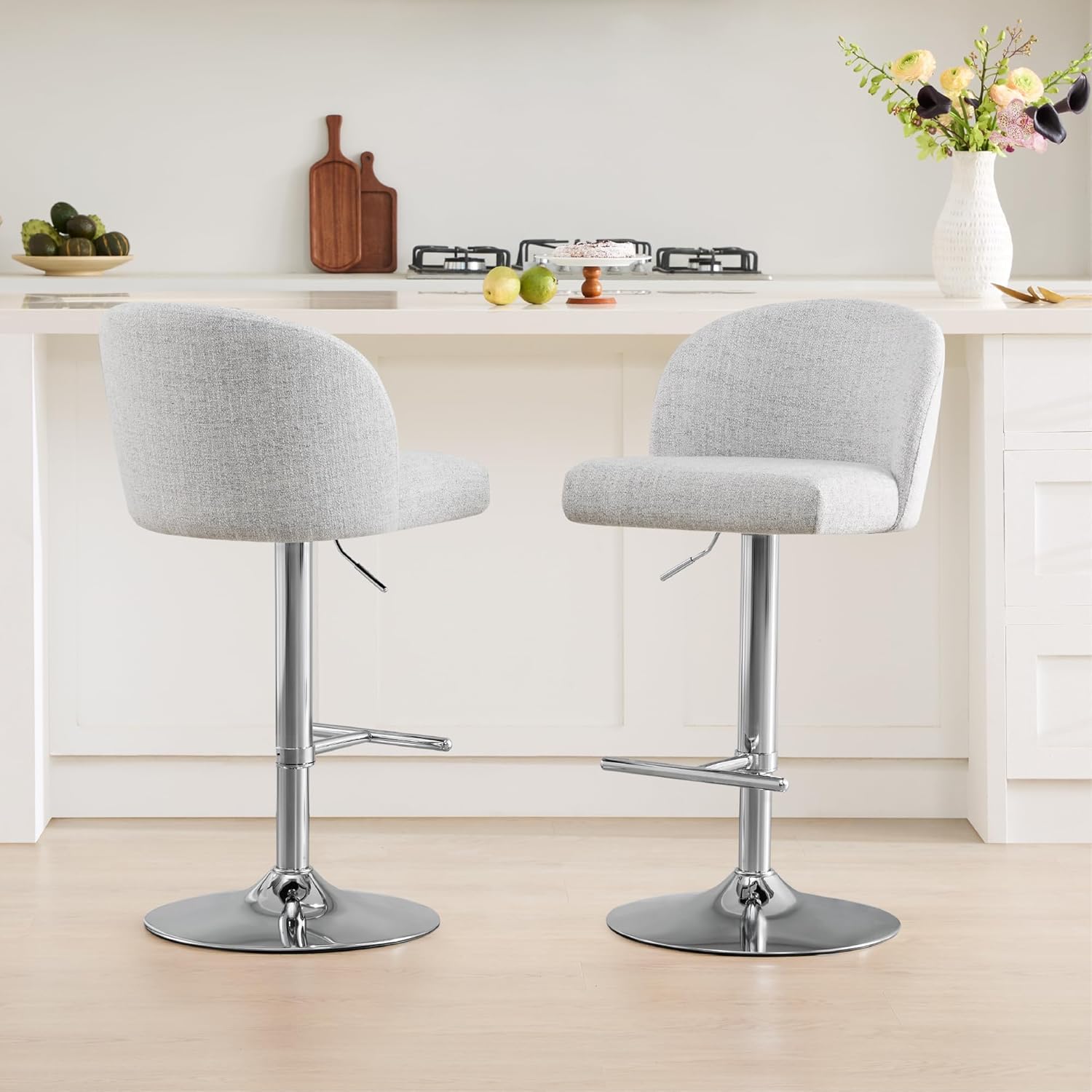 Watson & Whitely Bar Stools Adjustable Swivel Barstools with Back, Counter Stools Set of 2 for Kitchen Island, Adjustable Height 25"-33.7", Fabric in White