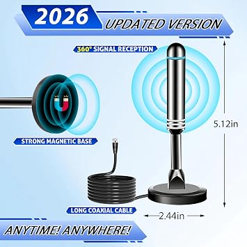 Indoor TV Antenna for Smart TV, HD Digital Antenna for TV Easy Setup | Ota Antenna Indoor with 106 Miles Long Range Reception, Strong Magnetic Base Supports 8K 4K 1080P Local Channels, 9.73FT