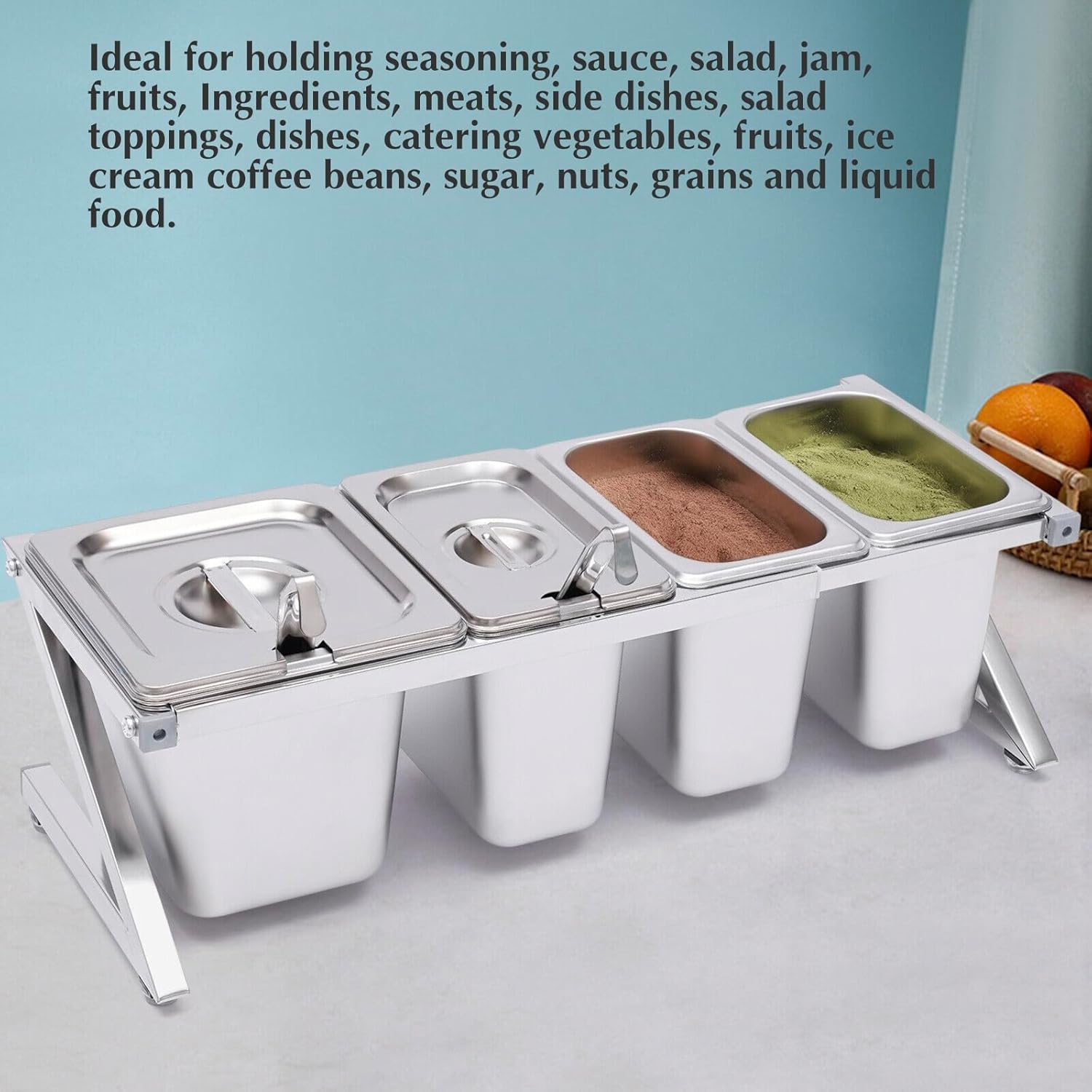 20-Inch Telescoping Condiment Prep Station Seasoning Food Prep Center Self with 4 Pans, 4 Lids and 4* Spoons for Kitchen Bar Restaurant and Buffet, Stainless Steel Spice Food Container Pans