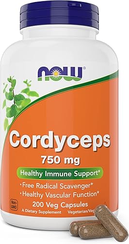 Miniatura 1 de NOW Foods Cordyceps 750mg 200 cápsulas vegetales  Hongo micelio Cordycep Sinensis orgánico en cápsulas no orgánicas  Vegano, sin OMG