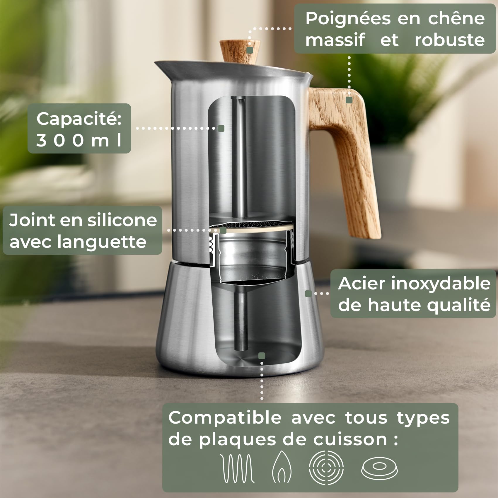 WALDWERK Cafetière Italienne (300ml) - Induction Compatible - Inox Avec Poignée en Chêne Véritable - Moka Pour Tous Types de Plaques