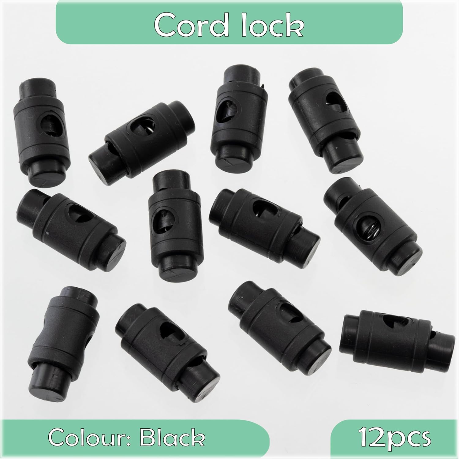 AERZETIX - Set of 12 cylindrical cord stoppers with spring 1 holes - cord stopper - opening 5 mm - made of plastic - colour black