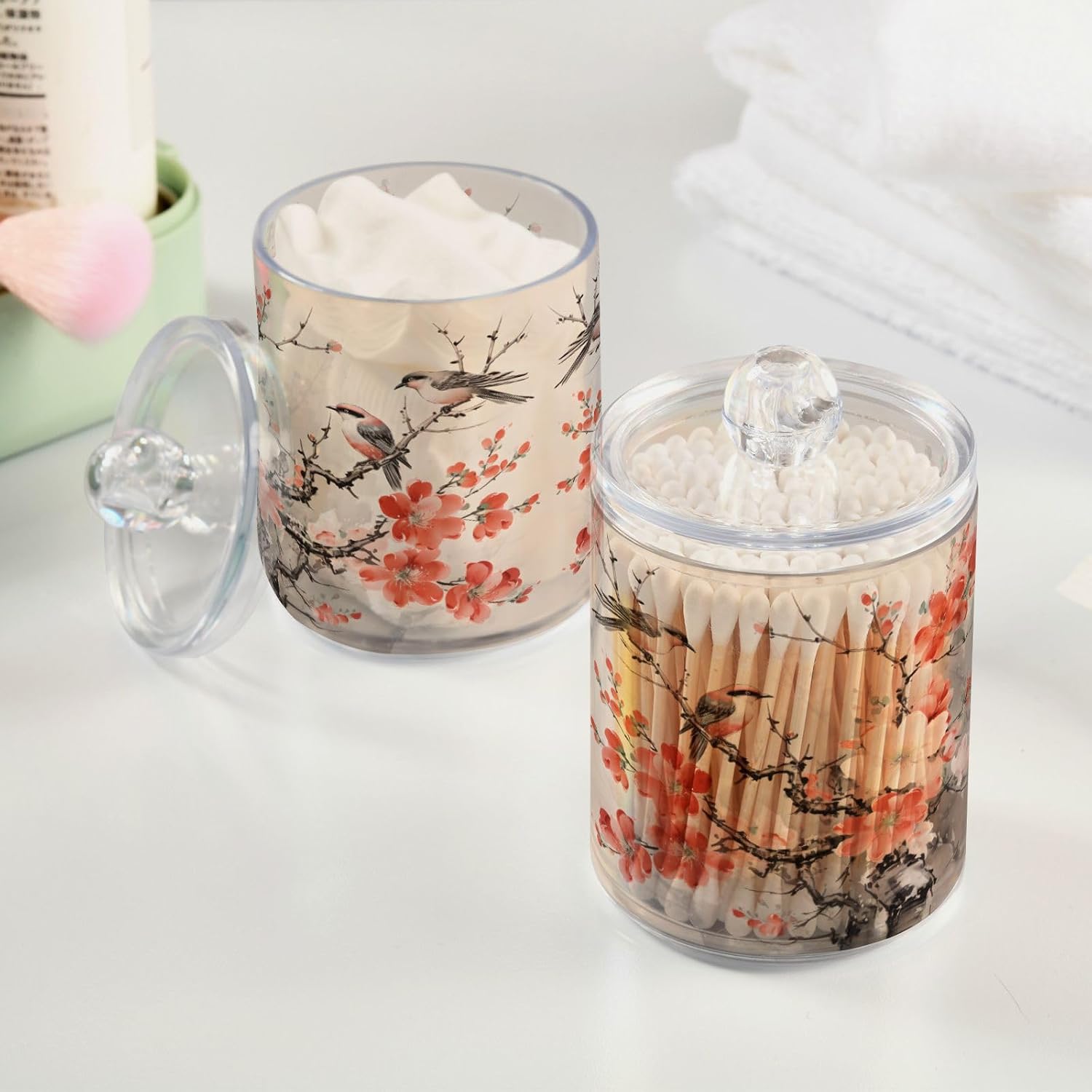 MNSRUU 4 Pack Qtip Holder Organizer Dispenser Birds and Plum Blossoms Pink Bathroom Storage Canister Cotton Ball Holder Bathroom Containers for Cotton Swabs/Pads/Floss
