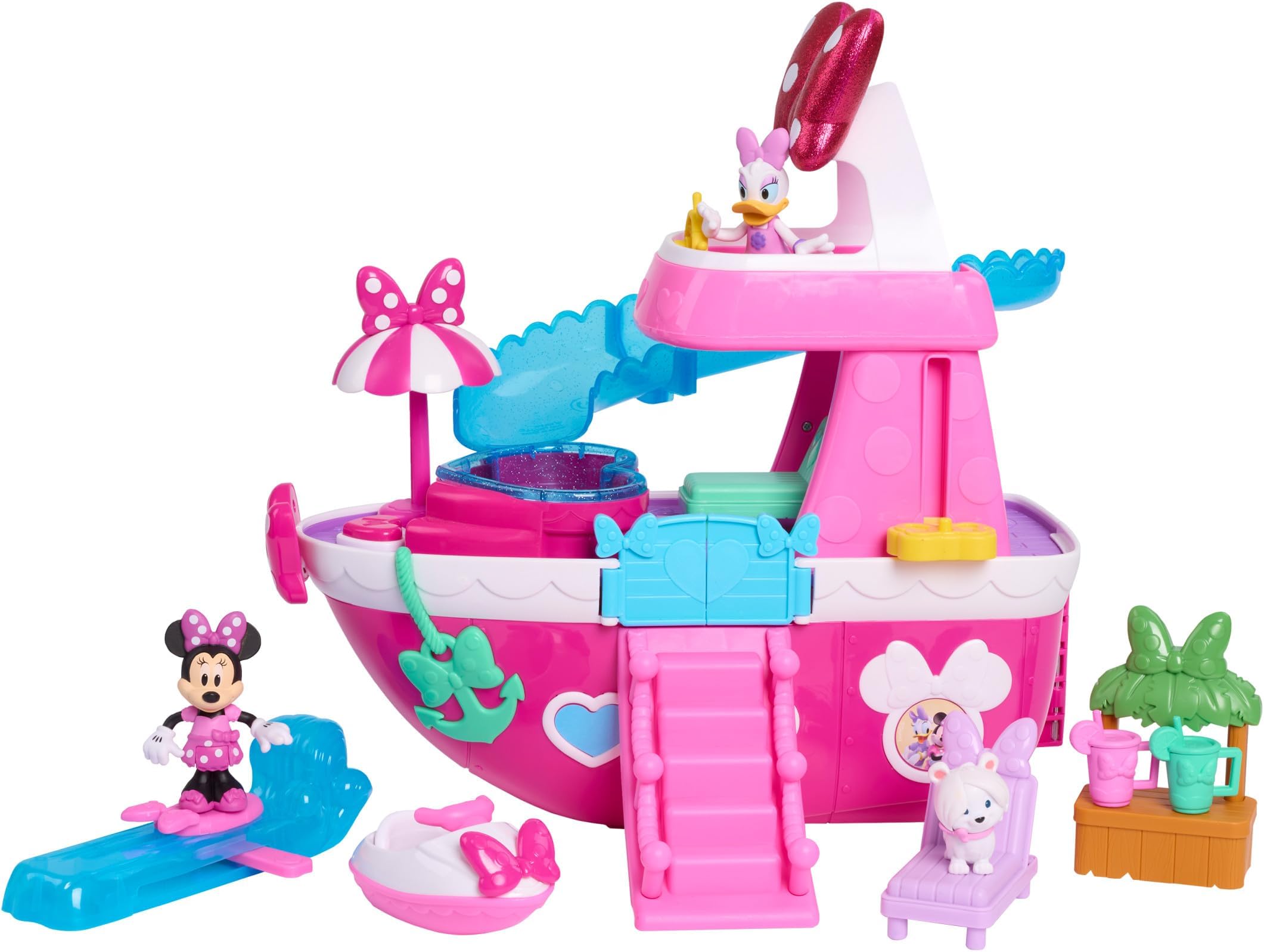 Disney Junior Minnie Mouse Bowdazzling Yacht, Lights and Sounds, 16-piece Playset with Figures, Pink, Boat, Bonus Pieces