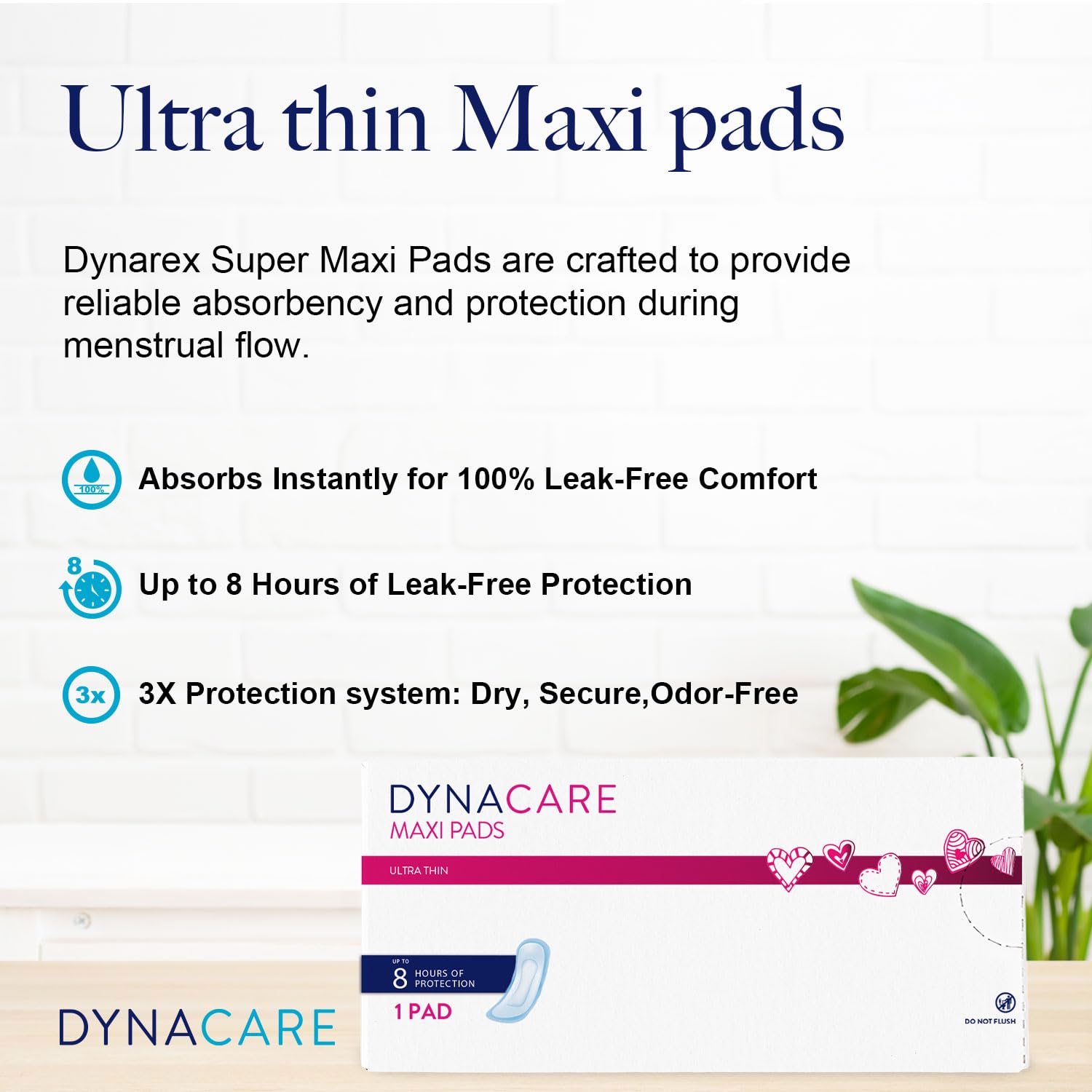 Dynarex Maxi Pads Ultra Thin Without Wings - Moderate Absorbency Feminine Sanitary Pads, Flexible Comfort, Leak-Free Protection, Unscented, 250/Box