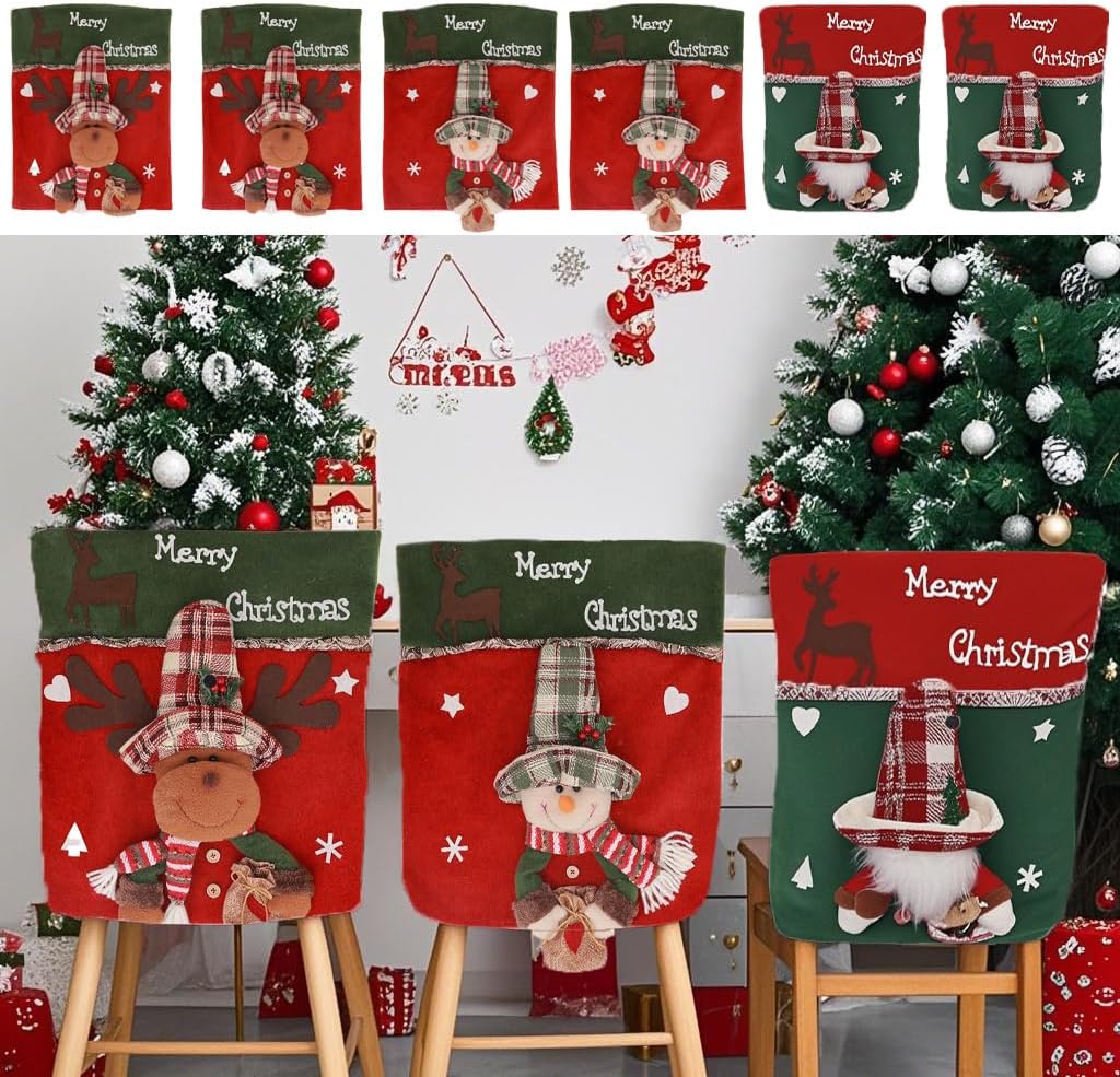 Santa Claus Snowman Christmas Dining Room Chair Back Cover Set of 6, Removable Washable Chair Protector for Home, Restaurant,Christmas Dinner Chairs Cover Decoration