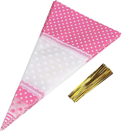 50 bolsas de palomitas de maíz en forma de cono, bolsas transparentes de palomitas de maíz con lazos giratorios, bolsas de celofán para dulces de
