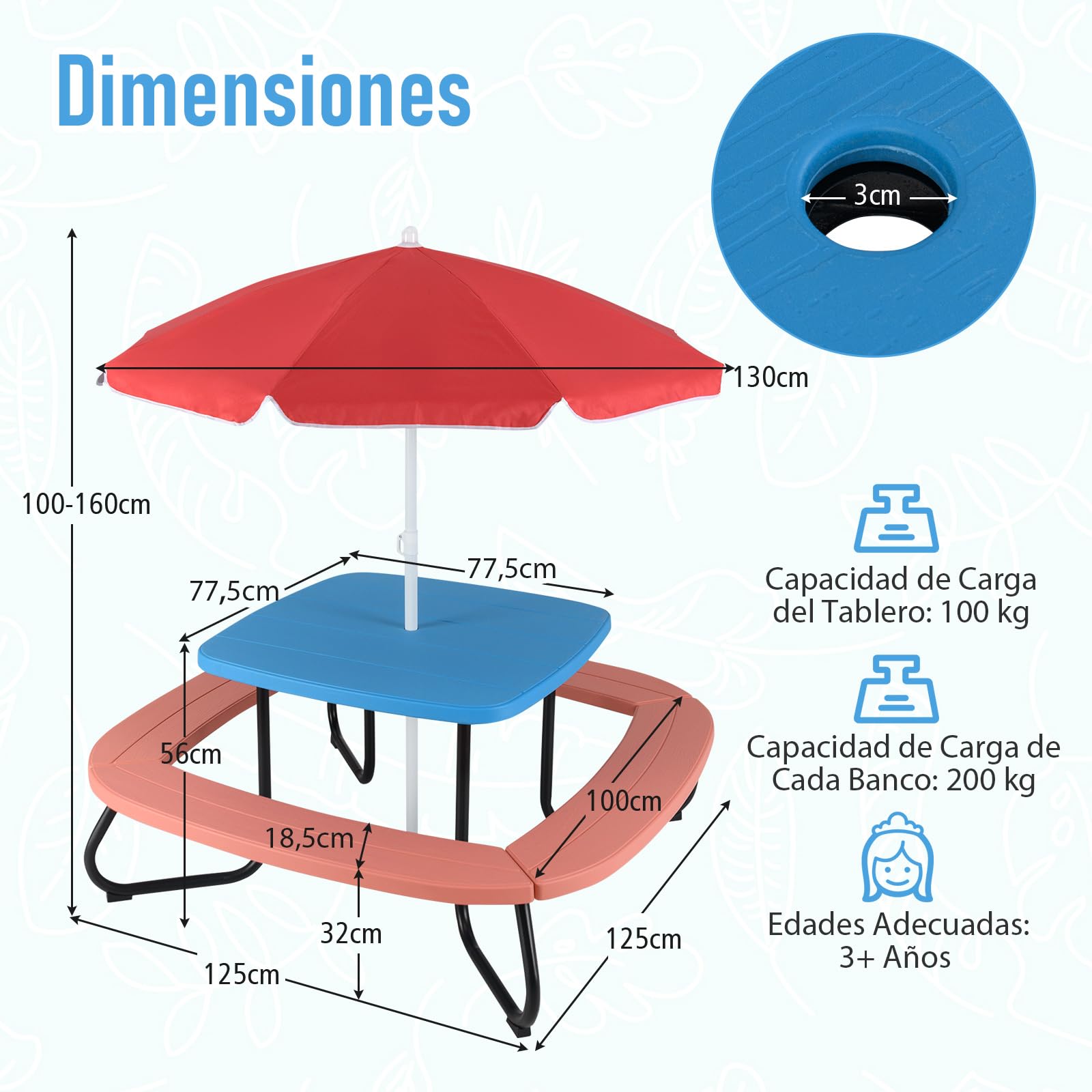 COSTWAY Mesa de Picnic para Niños, Mesa de Actividades con Sombrilla Ajustable y Plegable, 4 Bancos Incorporados para hasta 8 Niños, Juego de Mesita de Picnic de HDPE con Marco Metálica (Azul+Rojo)