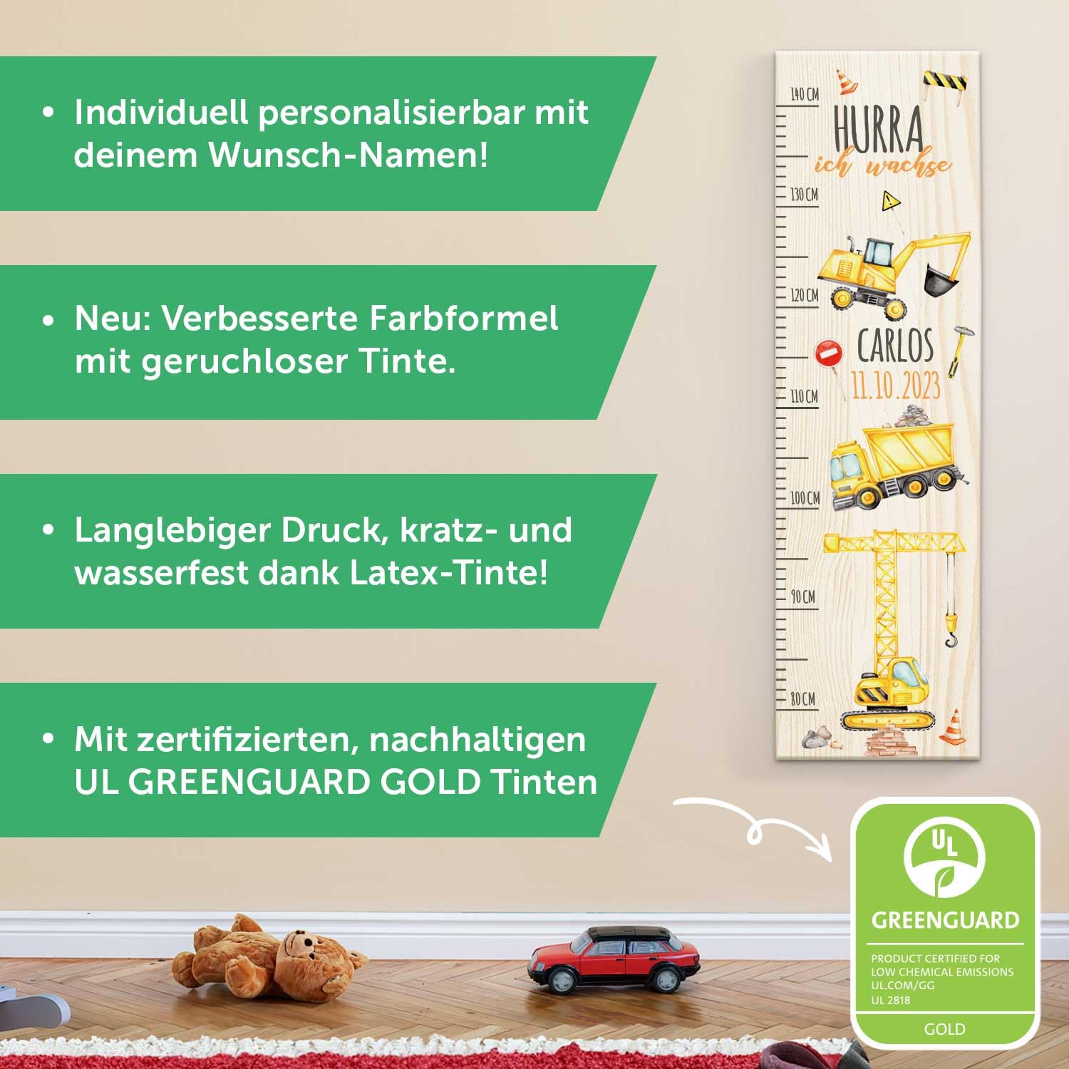 GRAVURZEILE Messlatte für Kinder aus Holz - Baustellen Design - mit Namen für Kinderzimmer - Skala misst 80-140 cm - Größe 20 x 70 x 2 cm - Geschenk zur Geburt für Mädchen & Jungen