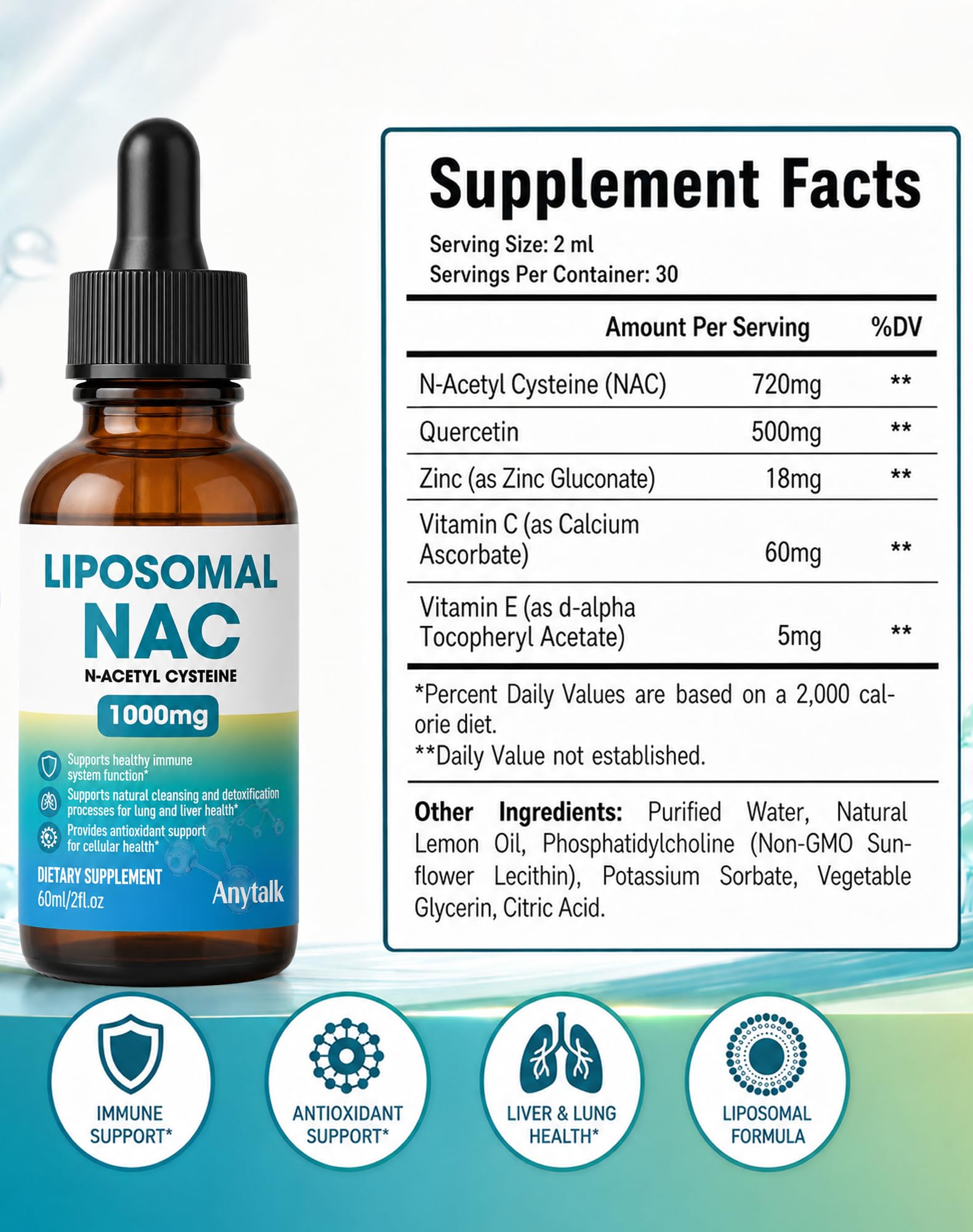 ANYTALK Liposomal NAC Drops – N-Acetyl Cysteine 1000mg Liquid Supplement with Alpha Lipoic Acid, Quercetin & Zinc, Antioxidant, Immune, Liver & Lung Support, Sugar-Free, Adults & Kids — Amazon image 9