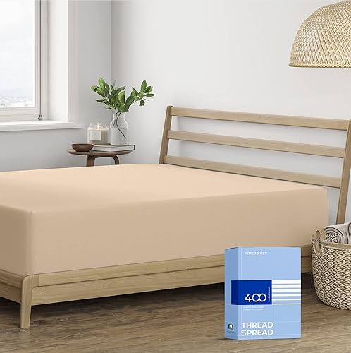 Vista 21 de THREAD SPREAD Sábana bajera ajustable de 100 % algodón tamaño individual, 400 hilos, bolsillo profundo de 16 pulgadas, sábana bajera elástica