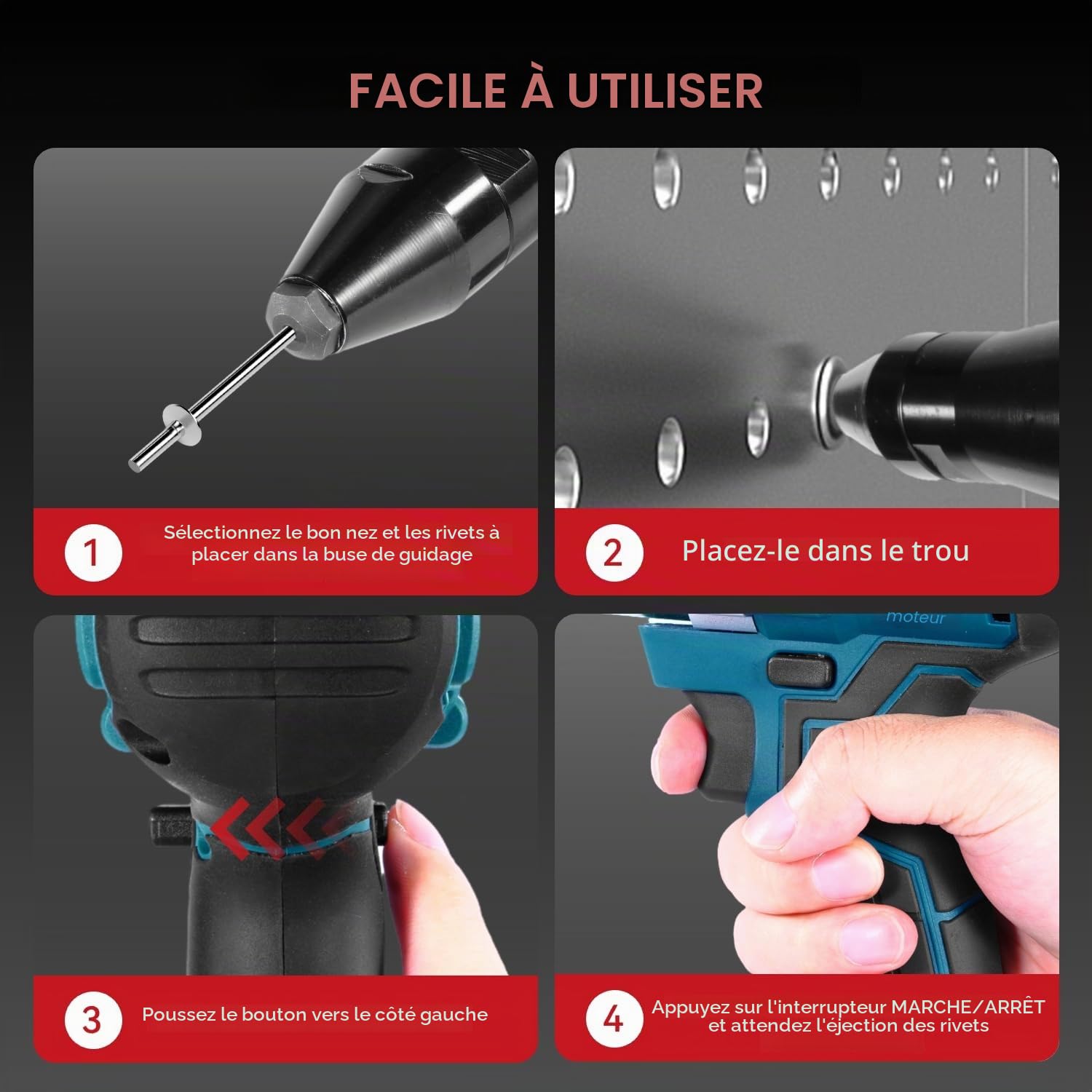 ONEVAN PINCE À RIVETS SANS FIL, course 20 mm, 20000N, moteur sans balais, automatique, avec 2 batteries et 4 buses (3,2/4,0/4,8 mm) pour rivets borgnes Ø2,4-5,0 mm (Bleu)