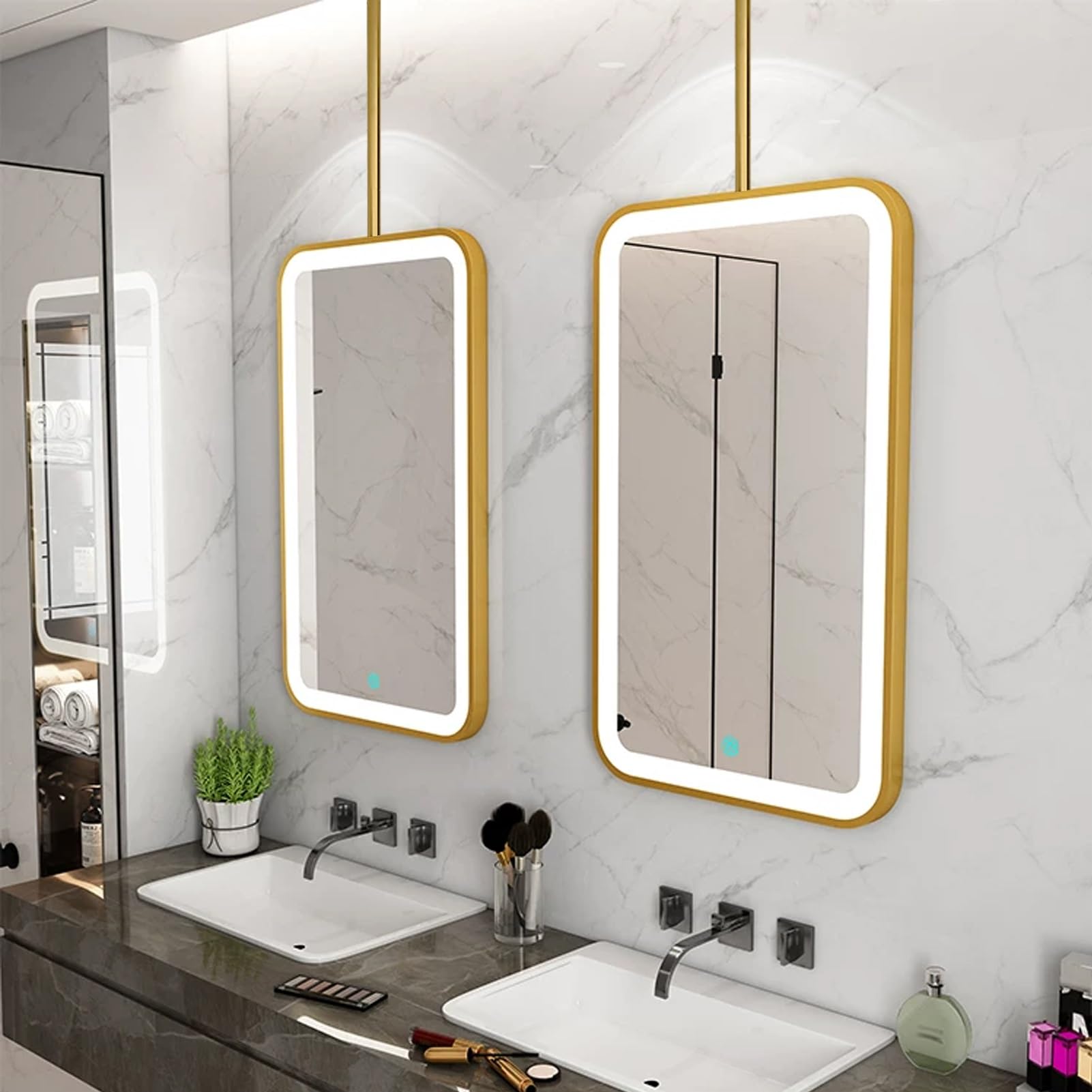 FGXHHS Gold ，Metal Framed LED Illuminated Vanity Mirror Ceiling Hanging Mirrors，3 Colour Dimmable Lights Mirrors for Home or Hotel Décor，Customizable(40cmx70cm)