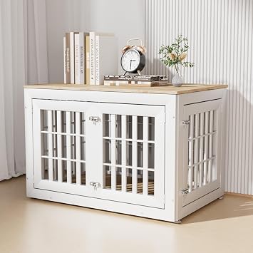 42 Inch Heavy-Duty Dog Crate Furniture, Decorative Wooden End Table Kennel with Waterproof Top & Wide Metal Tubes, for Medium & Large Dogs, White & Natural