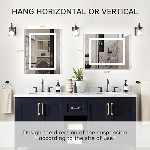 Miniatura 5 de Espejo LED de tocador de baño de 20 x 28 pulgadas con marco blanco, retroiluminado y frontal, tricolores, regulable, antivaho (apagado automático)