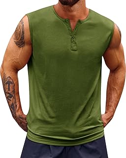 Mens Muscle Tank Tops Sleeveless Workout Gym Slim Fit Henley Shirt Casual Basic Summer Beach Tops