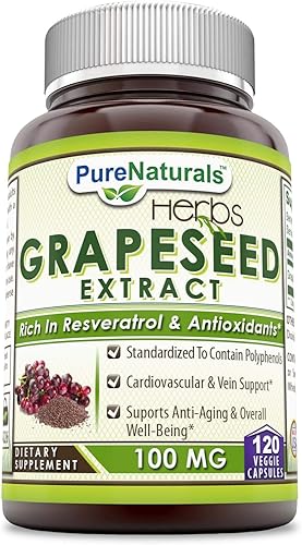 Pure Naturals Extracto de semilla de uva - Cápsulas vegetales de semillas de uva de 100 mg ricas en resveratrol - Más fácil de tragar 120 cápsulas-
