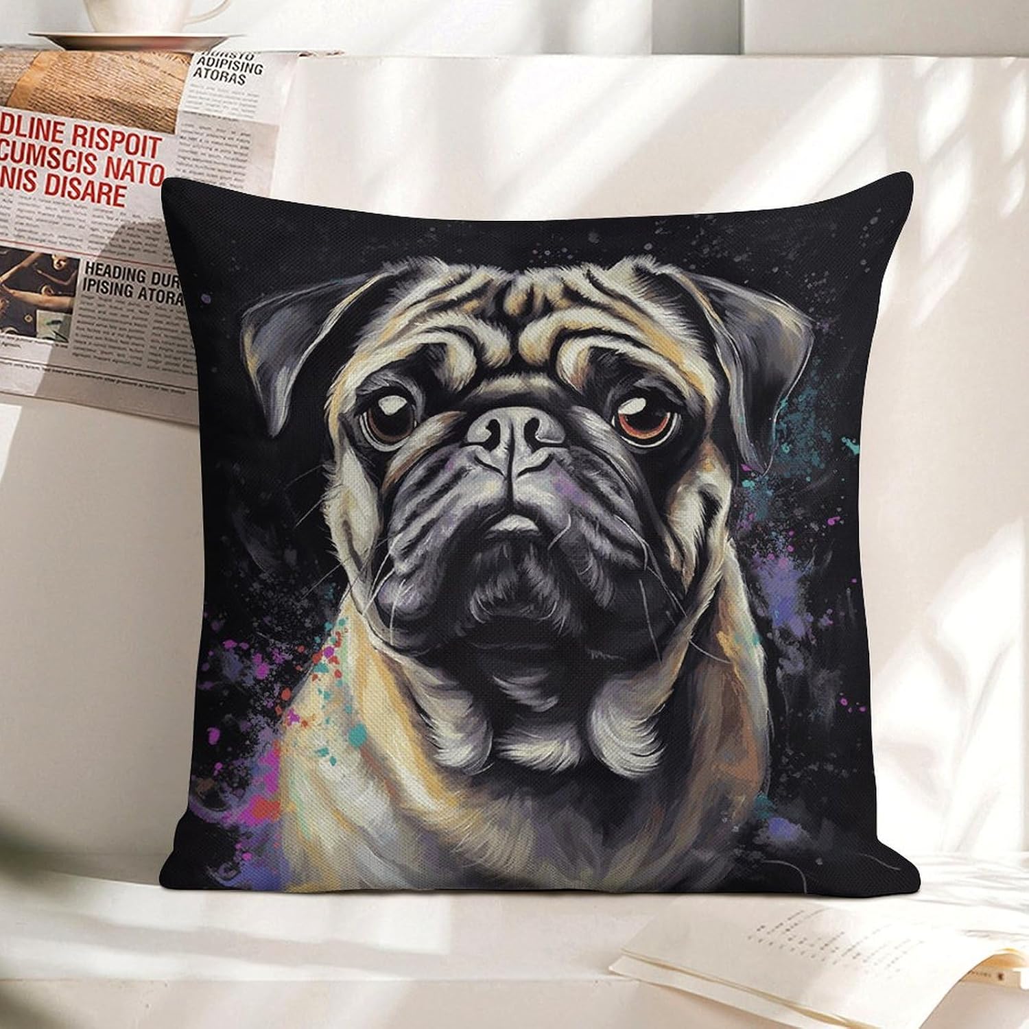 Portrait of Pug Pillow Protectors Cute Waterproof Pillow Cover Soft Skin-Friendly Cushion Case Decorative Square Cushion Cover for Couch Sofa Bed Living Room Bedroom