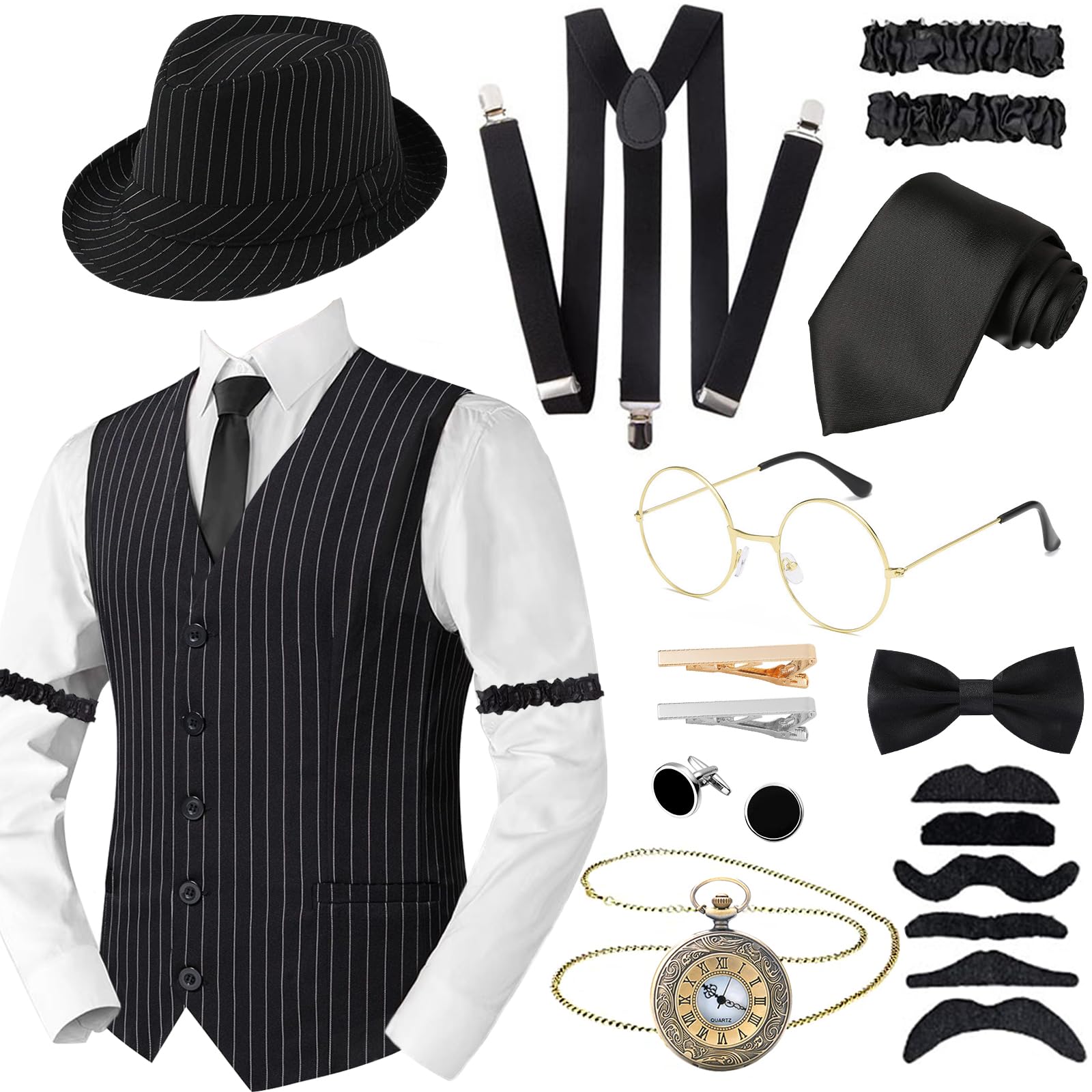 1920s Mens Costume Accessories Set for Adult, Roaring Retro 20s Gatsby Gangster Costume Outfit with Stripe Vest Fedora Hat Pocket Watch Tie Suspenders for Retro Party Supplies (XL)