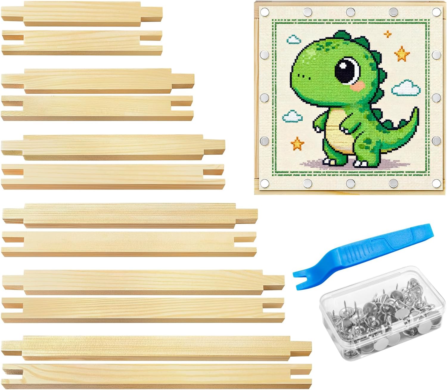 tutata 24 Pcs 12 Sets Stretcher Bars for Needlework, 6 Sizes Wooden Canvas Stretcher Bars, 60 Thumb Tacks and Tacks Remover, Needlepoint Embroidery Stitch Frame Set Bundle with Crafts