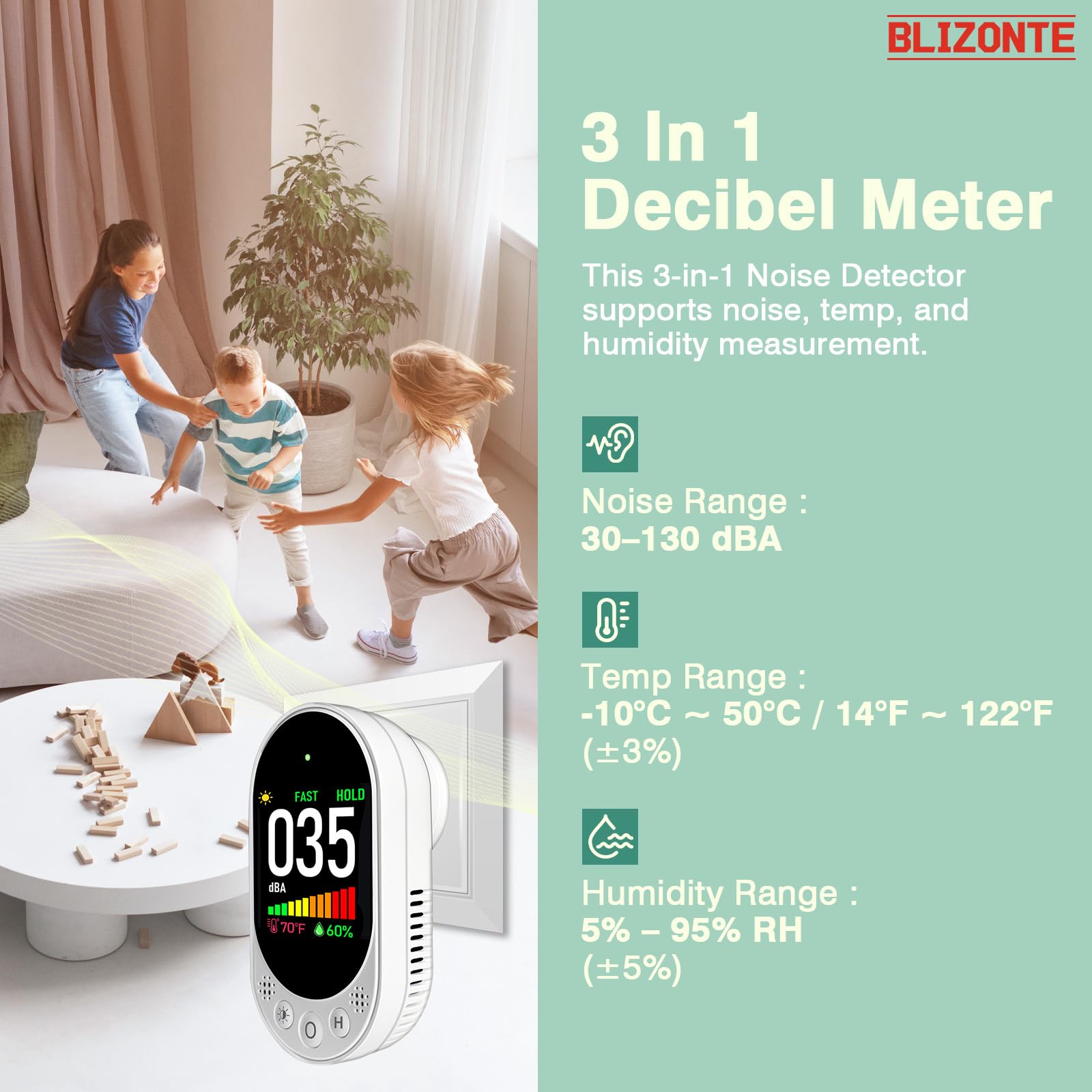 Decibel Meter Plug-in Wall, 3-in-1 Noise Detector(Noise,Temp and Humidity) with Fast/Slow Refresh Rate, MAX/MIN and Data Hold, 30–130 dBA Decibel Range for Rentals, Home, Classroom, Library — Amazon image 5