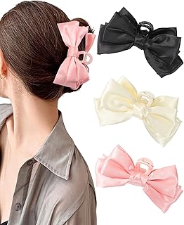 مشابك فيونكة على شكل فيونكة للنساء، مشابك شعر من الساتان غير قابلة للانزلاق للشعر السميك والرفيع، مشابك شعر للنساء (اسود + ابيض + بينك)