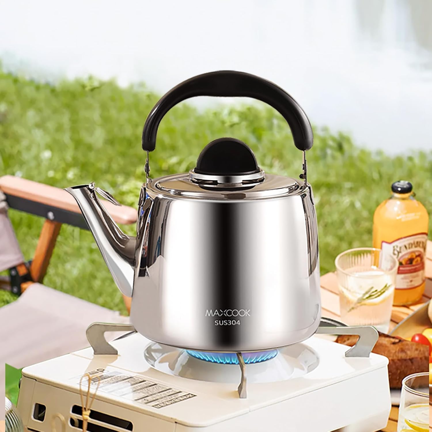 Tea Kettle, 18/8 Stainless Steel Whistling Teapot, 4 Quart, Fast Boiling, Anti-Hot Wood Handle (4L,Silver)