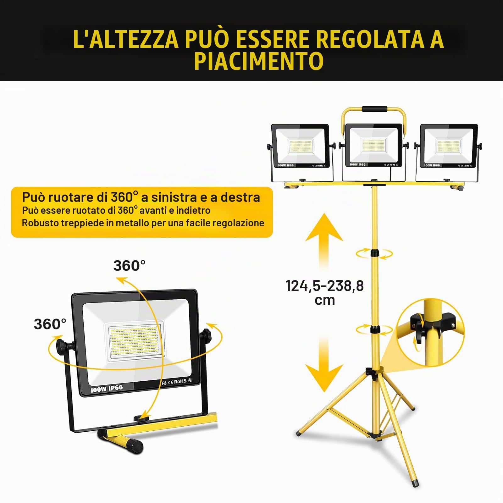 RIGIDON 300W 3x proiettore led da lavoro, treppiede faretto led, 6000K | altezza regolabile 36cm to 239cm, cavo 5 metri, faretti, interno, esterno, campo sportivo, cantiere, garage, luci officina