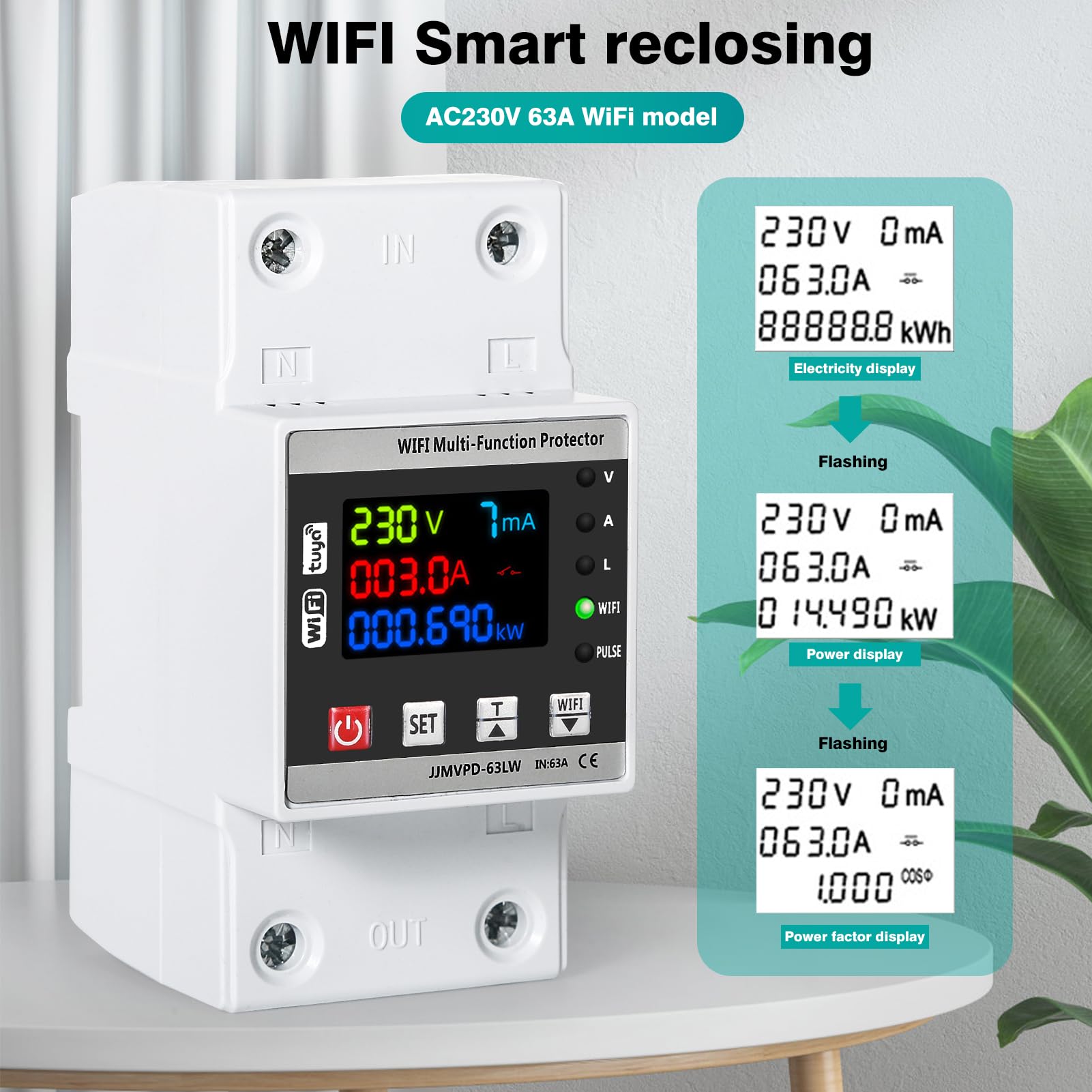 Jadeshay 230V 63A Tuya Smart Meter WiFi Inteligentna ochrona ponownego zamykania Automatyczny wyłącznik przepięciowy i podnapięciowy Ochrona przed przepięciem i podnapięciem