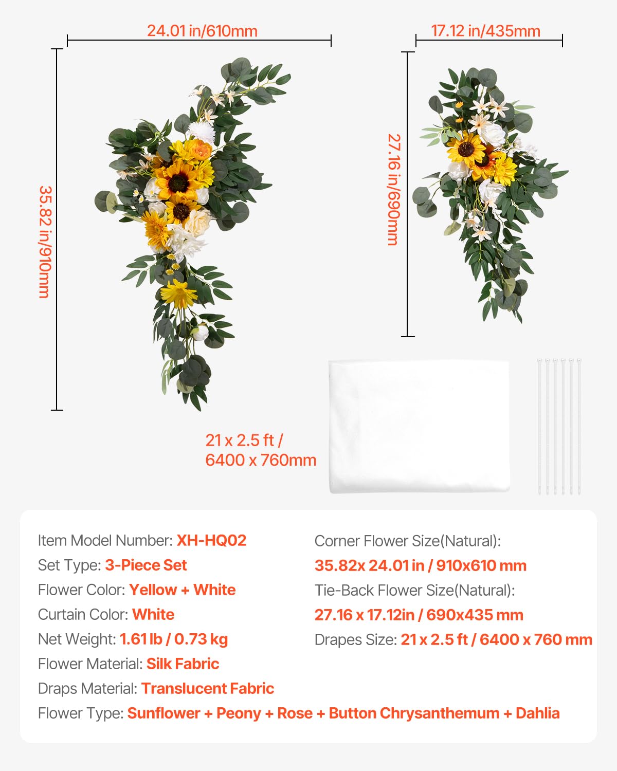 VEVOR Kit di Fiori Artificiali per Arco Nuziale, Fiori Bianchi per Arco Nuziale con Kit di Tende, 2 Pezzi Composizione Floreale, 1 Pezzo Tende Trasparenti, per Bouquet Cerimonia Sfondo Ricevimento
