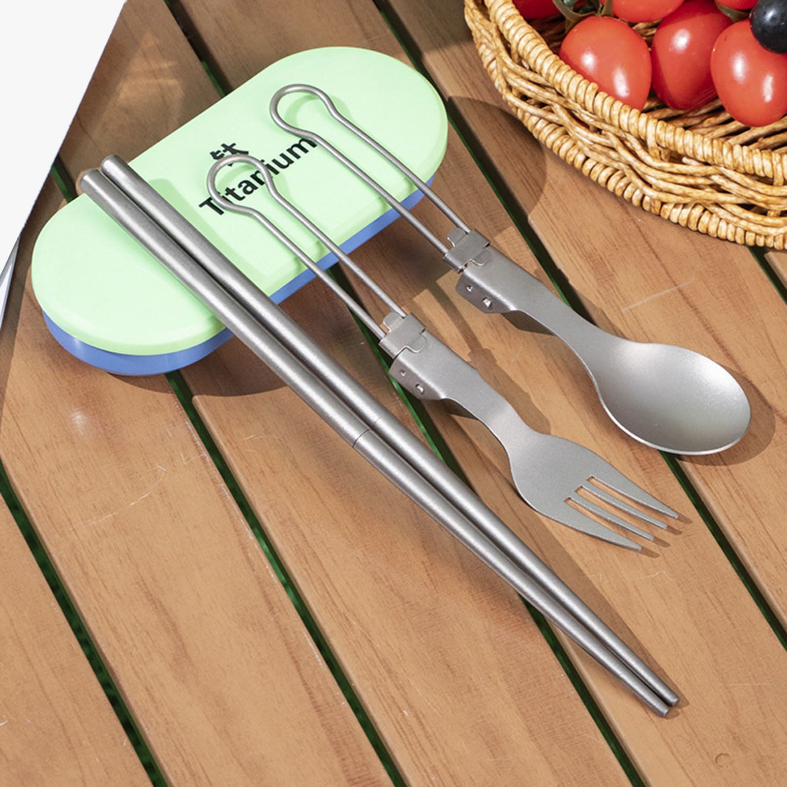 Set di posate da campeggio pieghevoli in metallo da viaggio, forchetta, cucchiaio, bacchette, utensili con scatola per picnic e escursionismo