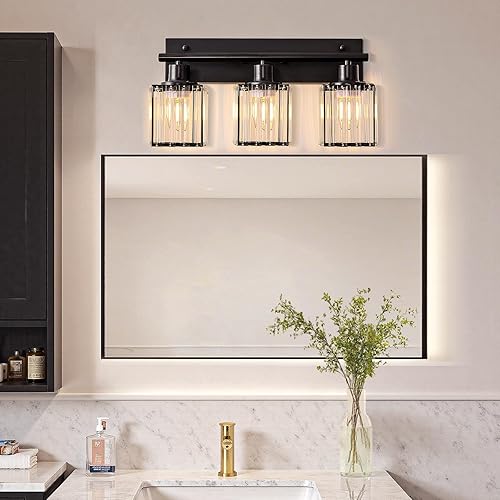 Miniatura 8 de Lámparas de baño de 3 luces, modernas luces de tocador de cristal con 3 bombillas E26, luz cuadrada negra mate para espejo dormitorio, sala de