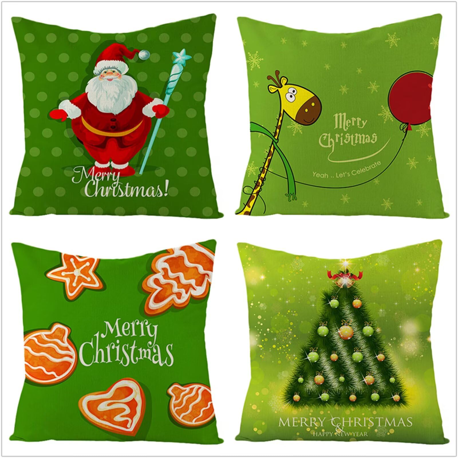 Fundas Cojines 65x65cm,Funda Cojin Modernas Juego de 4 Funda de Almohada Elegantes Decorativa para Sofá Coche Cama Sillas Papá Noel Verde