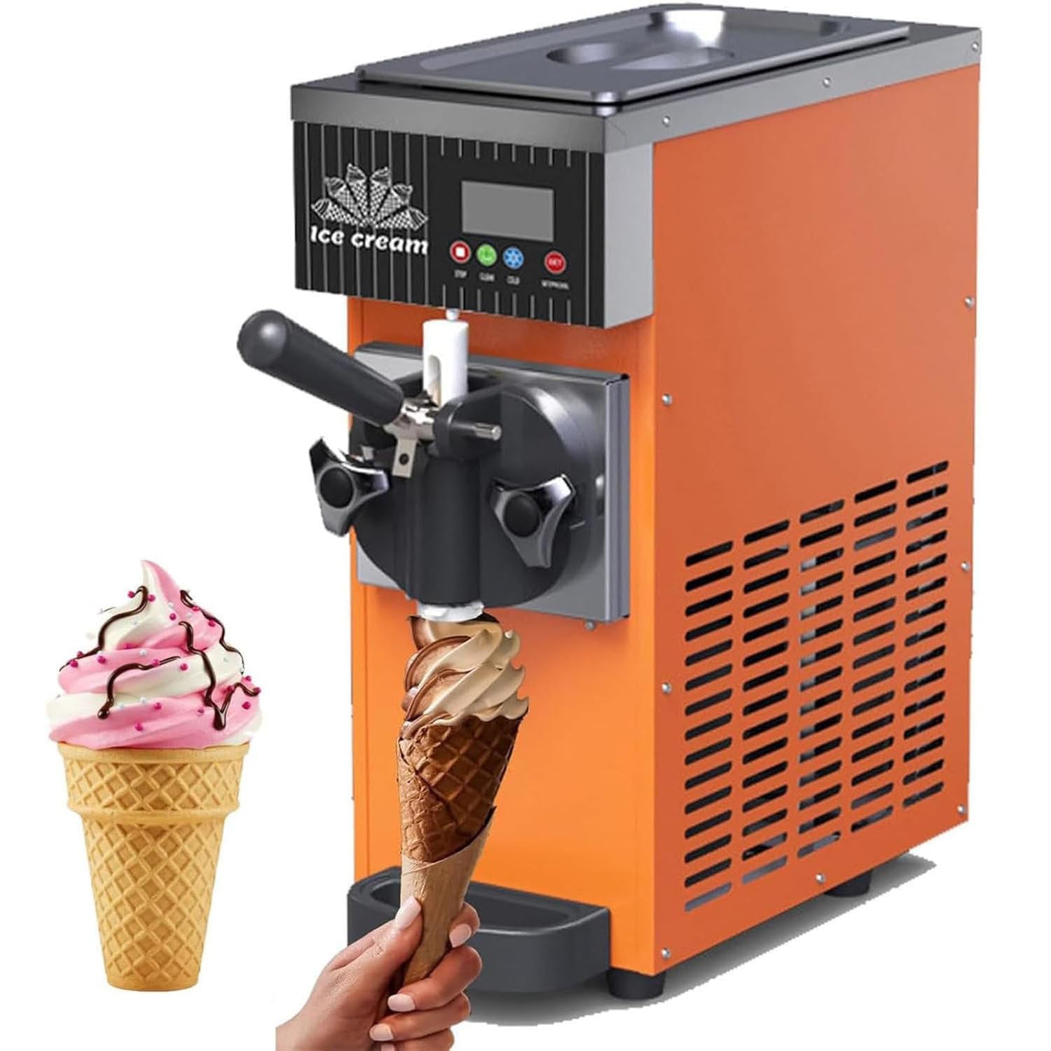 Máquina de Helado de Servicio Suave Comercial, 4-5 kg/h, 2.5L Tolva y Cilindro 1L, pre-enfriamiento y Limpieza automática, LCD táctil para restaurantes Snack Bars