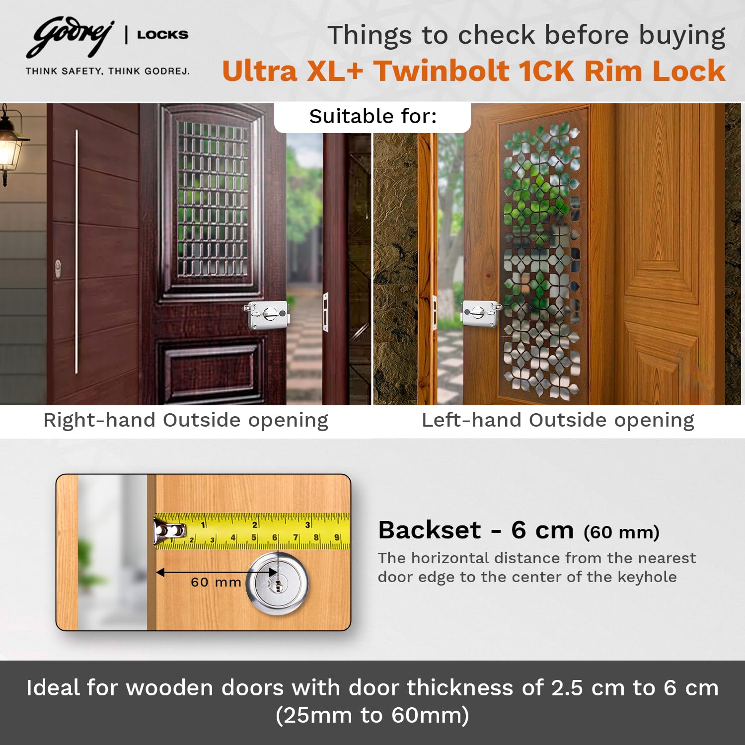 Godrej Rim Lock l Twinbolt Ultra XL+ l 1CK Latchbolt l for Outside Opening Wooden Main Door l Left/Right Handed Doors l 4 Keys l 5 Year Warranty l Automatic Locking l Satin Nickel Finish 3