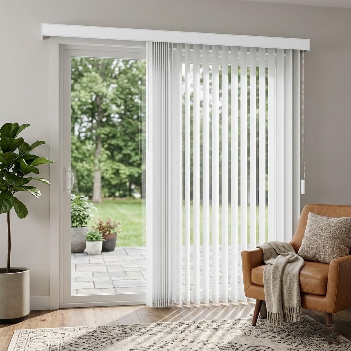 White Vertical Blinds, Large Window Blind for Patio Door 122" 118" 114" 112" 100" Cordless Blackout Fabric Panel Track Blinds for Room Divider/Closet Cover, Vertical Shades(114" W x 84" H)