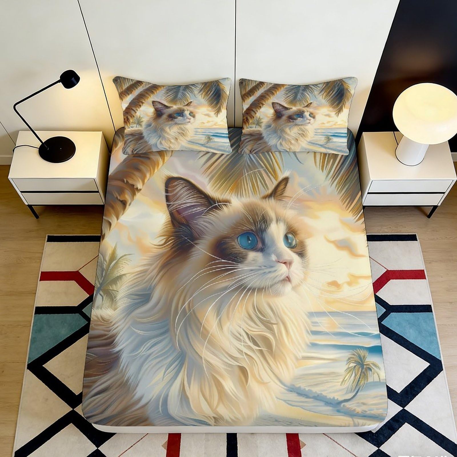 3D Printed Cat Portrait Fitted Sheet Microfiber Soft Bedroom Decor Animal Art Mattress Cover for Home Dorm 90x200x25cm