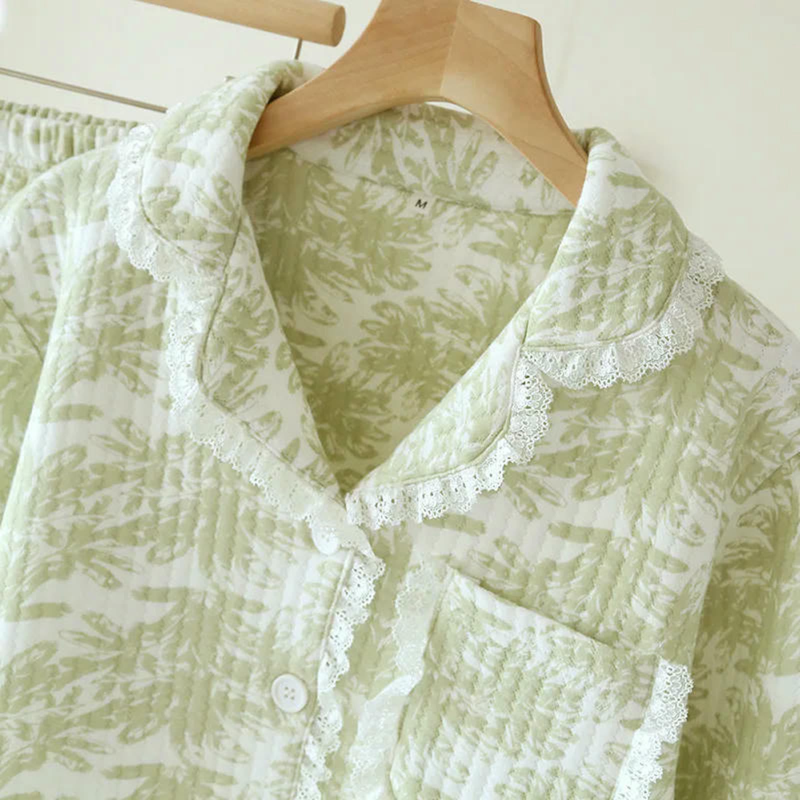 Pigiama Set di Pigiami Fresco Invernali Dolci Inverno Le Donne Mantengono Caldi Pizzo Verde Abbigliamento A Maniche Lunghe Trapunte -Verde Erba-XL 65-72kg