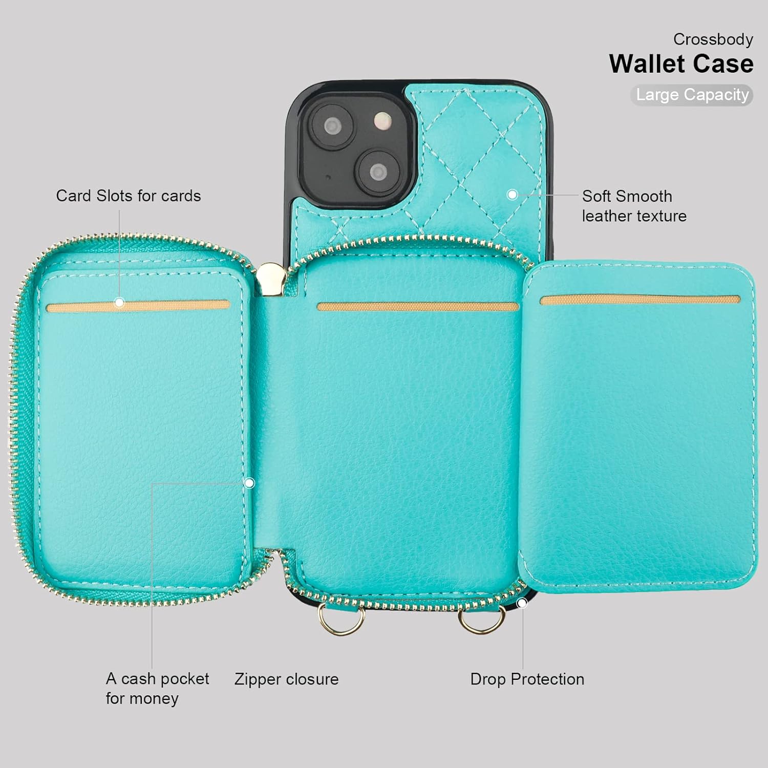 Bocasal Crossbody Wallet Case for iPhone 14, RFID Blocking PU Leather Zipper Handbag Purse Flip Cover, Kickstand Folio Case with Card Slots Holder Wrist Strap Lanyard 5G 6.1 Inch (Mint Green)