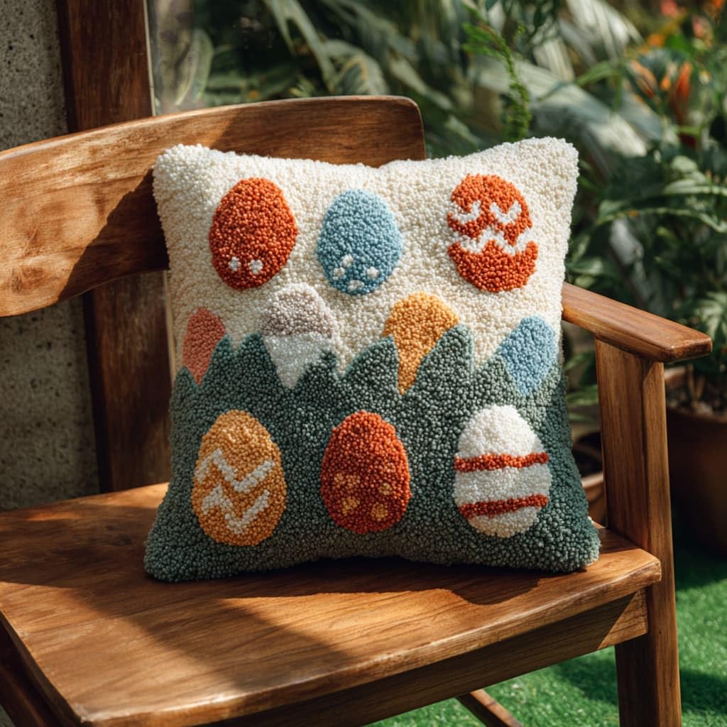 Latch Hook Cushion Kit,Easter Egg Diy Embroidery Pillow Cover 43X43Cm