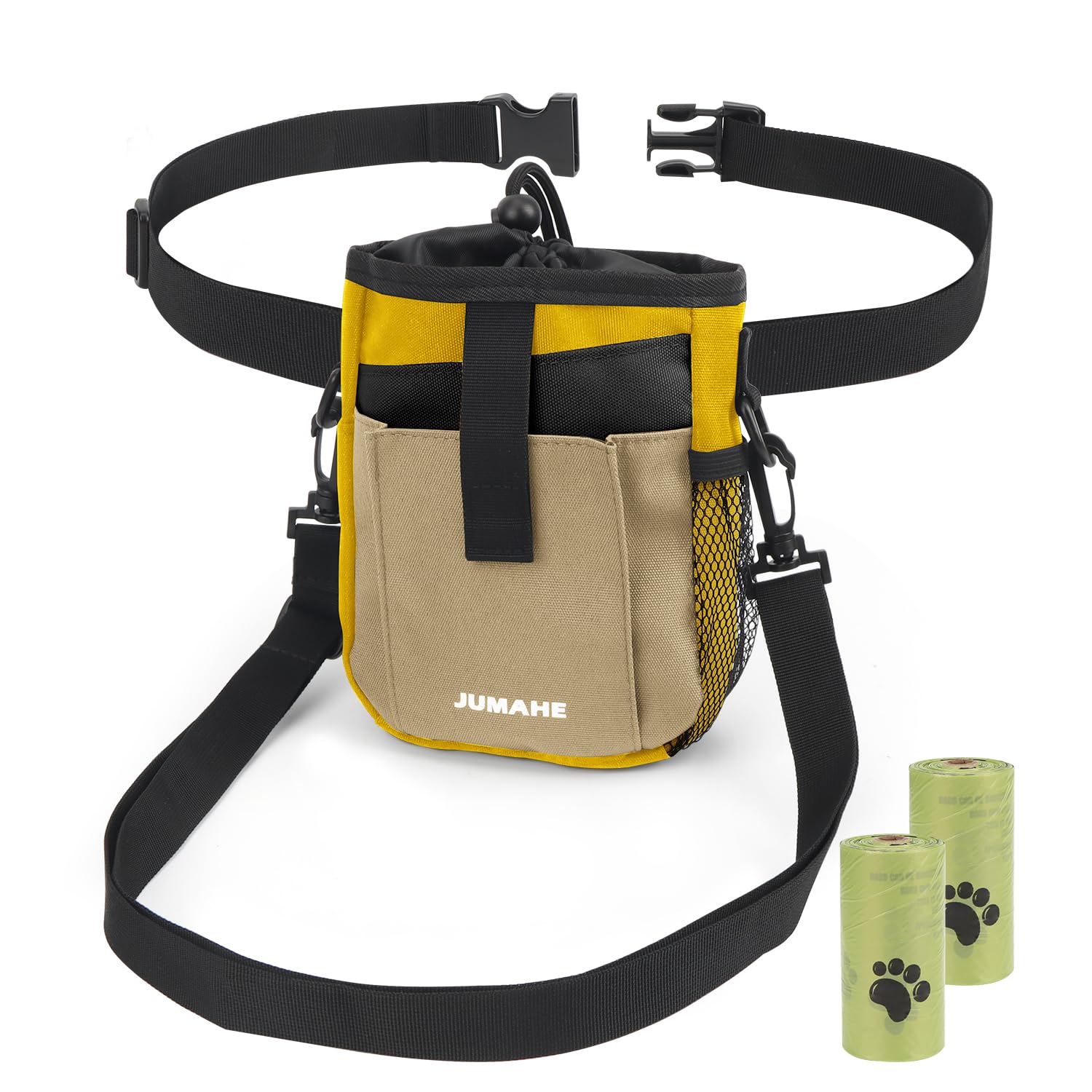 OWill Dog Treat Pouch Bag with 2 Roll of Poop Bags, 5 Pockets Dog Walking Bag, 3 Ways to Wear with Adjustable Waist & Shoulder Belt, Easily Carries for Walking & Training
