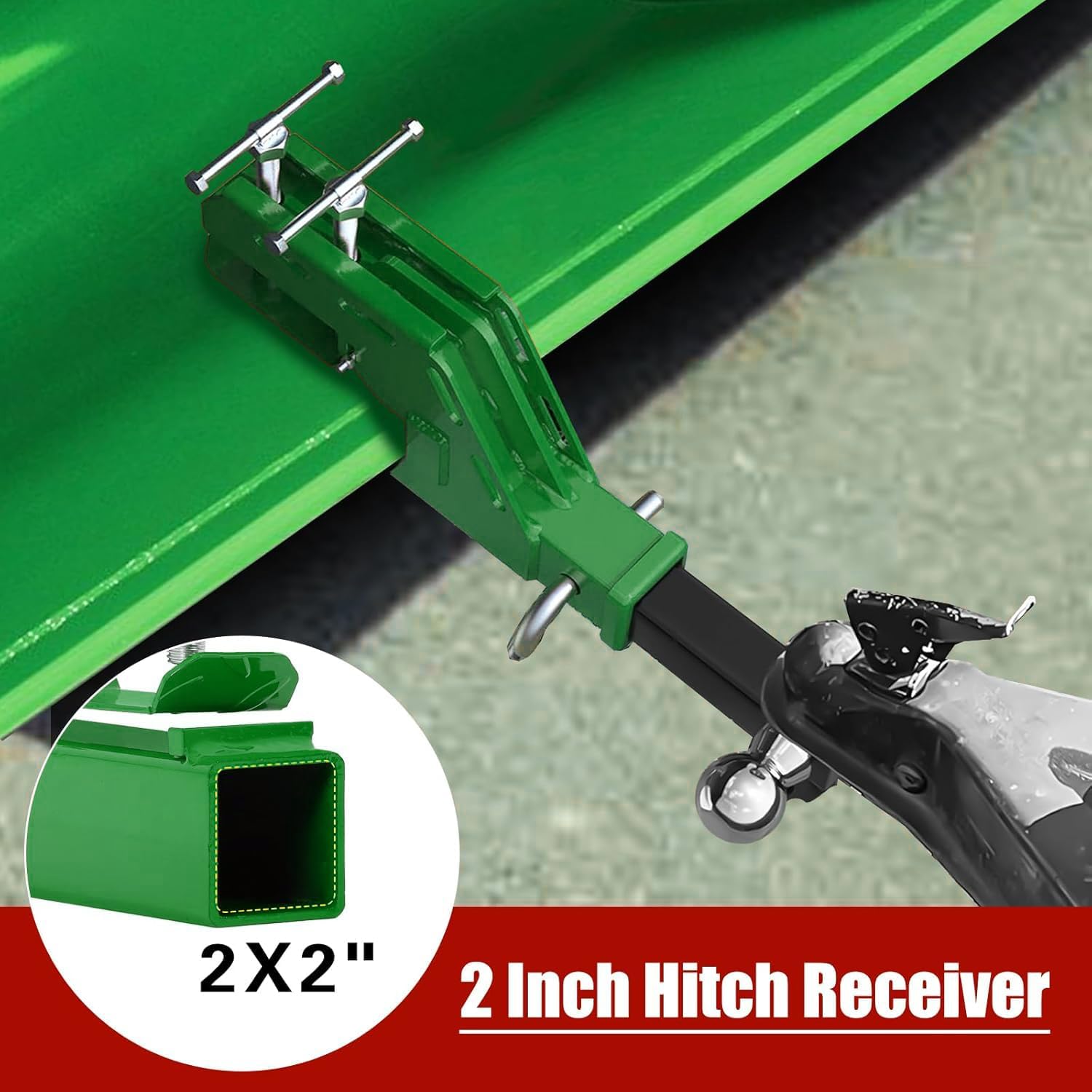 Green Bucket Trailer Hitch Attachment,2025 New Upgraded Clamp on Tractor Bucket Hitch 2" Receiver, Non-Slip Trailer Adapter Mount for Kubota Deere Bobcat