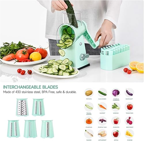 Miniatura 3 de Xilrvna Rallador de queso rotativo, triturador de verduras 5 en 1 rallador de queso con mango reforzadoSucción, EasytoClean, cocinaPicar hielo