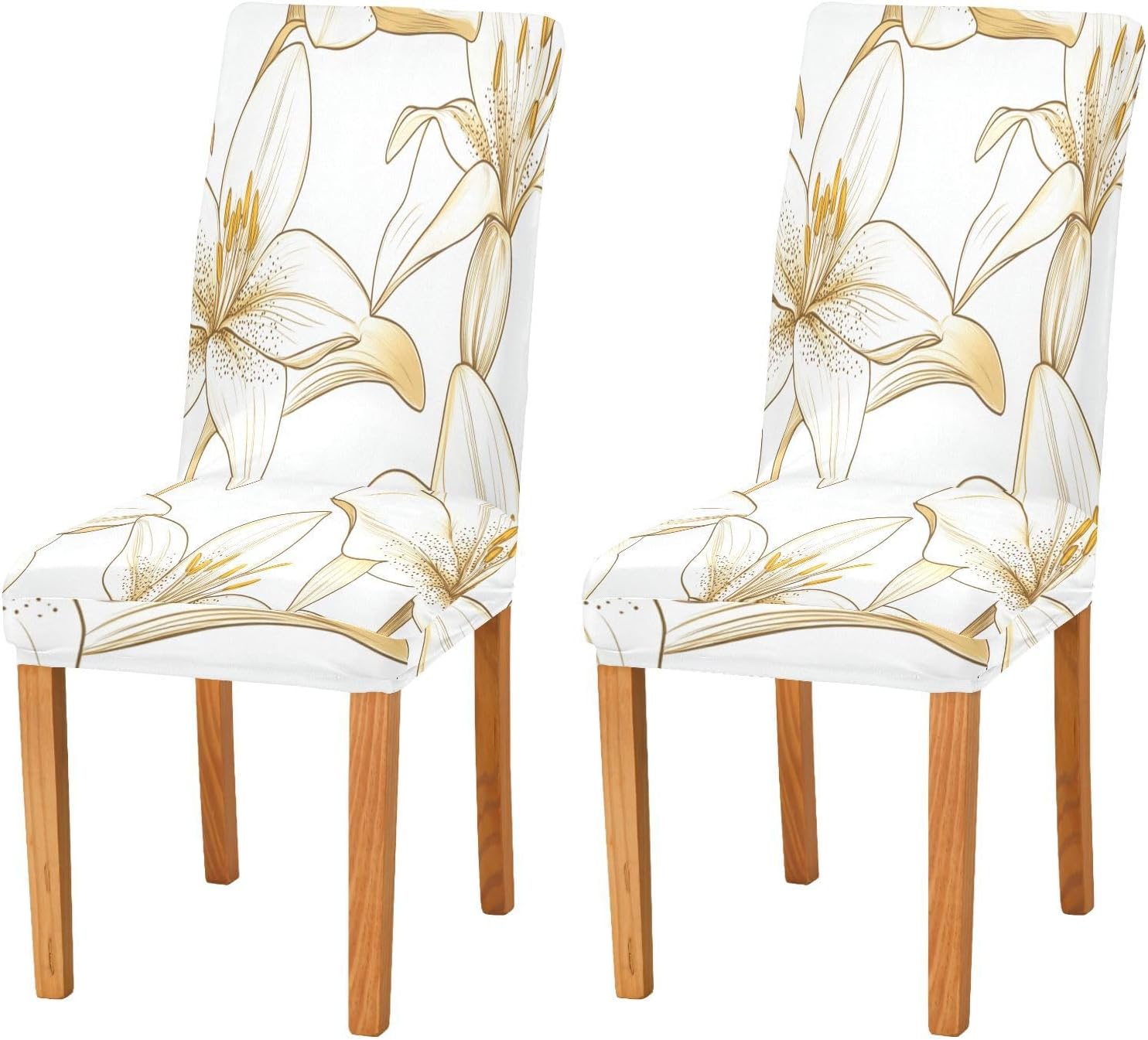 ALAZA Chair Covers for Dining Room, Golden Lily on A White Stretch Chair Cover Sets Chair Protector Removable Washable for Ktichen Restaurant Hotel