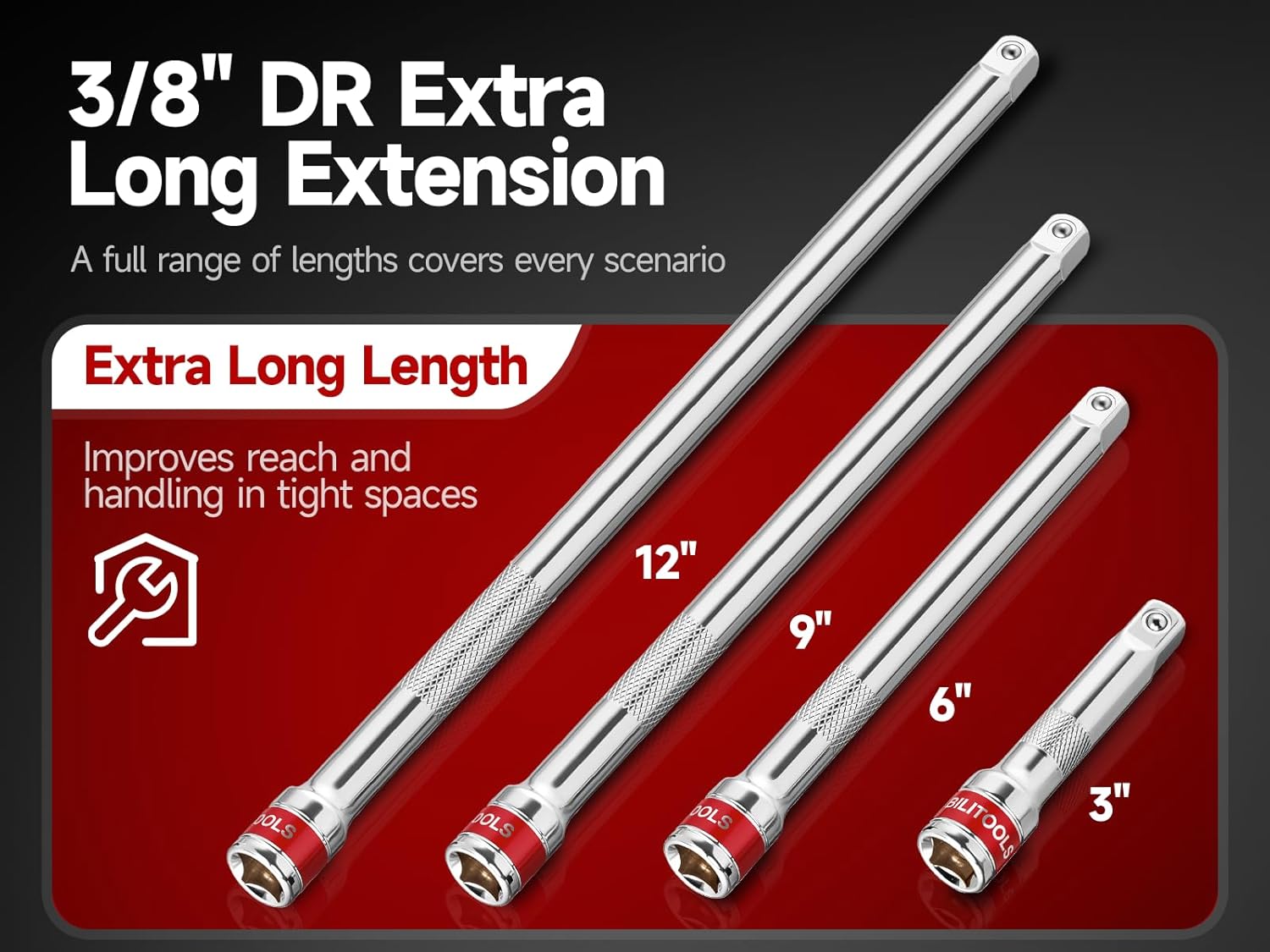 BILITOOLS 8-Pc 3/8" Drive Socket Extension Set with Extra Long Extension Bar and Socket Adapter & Universal Joint