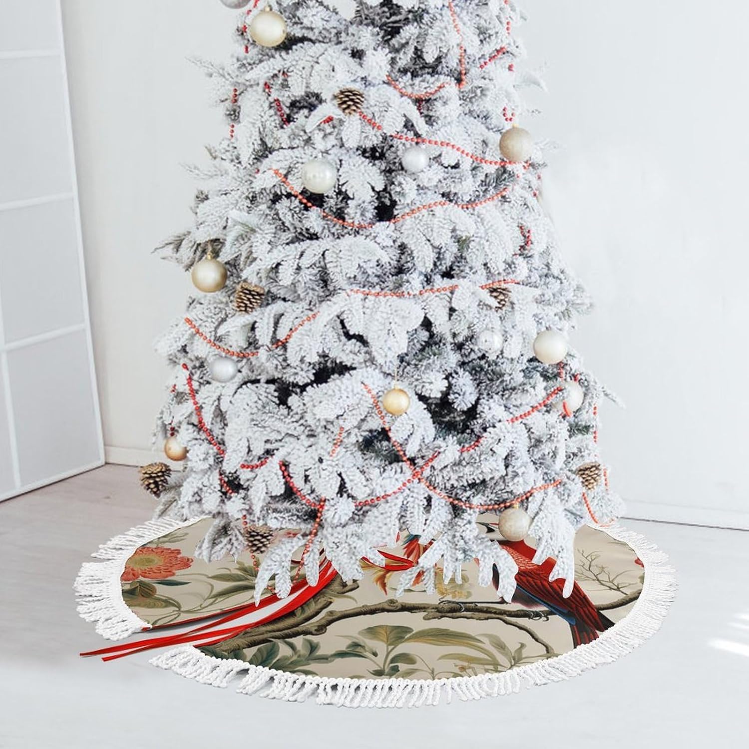 Christmas Tree Skirt Cute Xmas Trees Mat Skirts Personalization Christmas Round Tree Skirts for Holiday Party Decorative Supplies Flowers and Birds