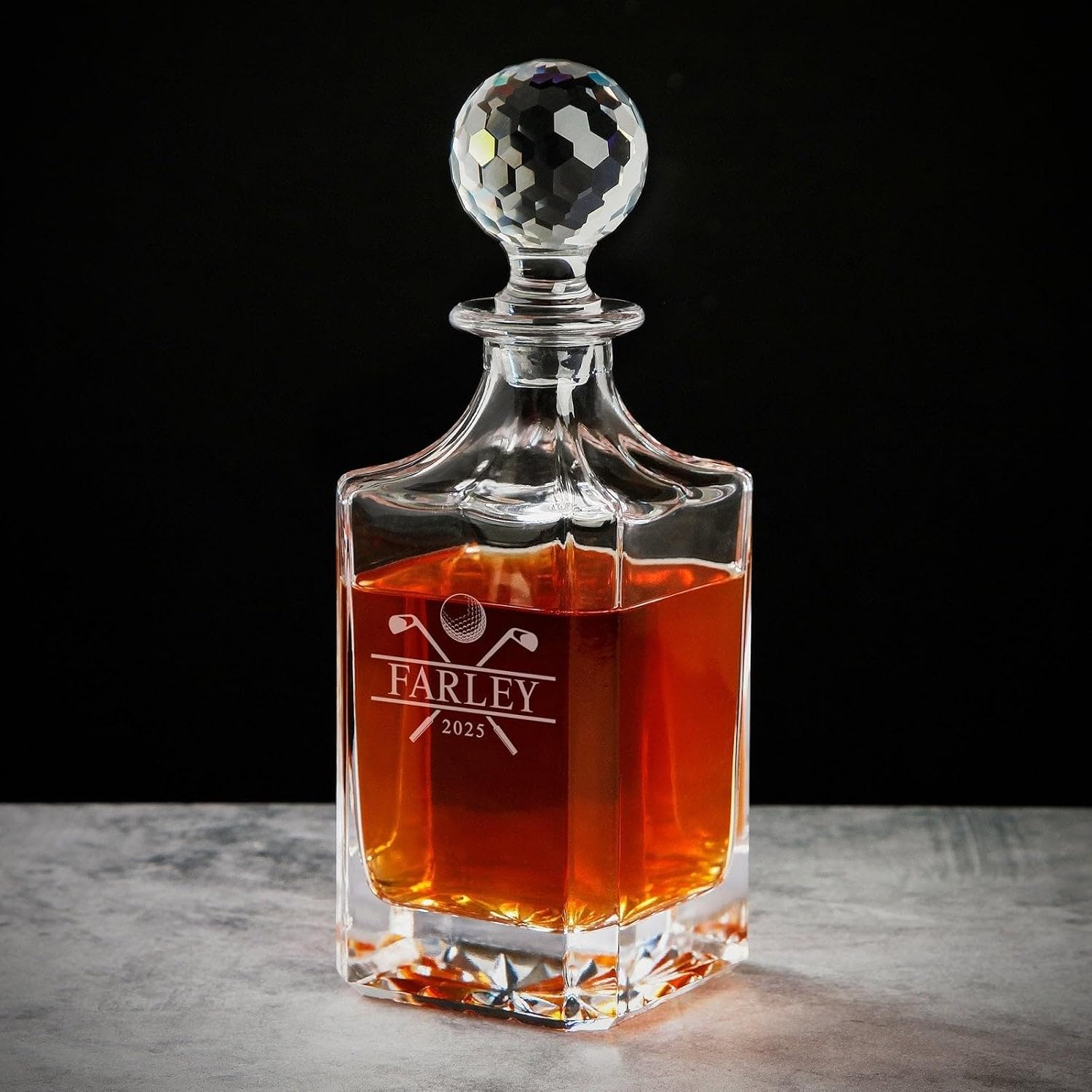 Custom Whiskey Decanter with Crystal Golf Ball Stopper - Crystal Golf Decanter, Golf Whiskey Set for Golf Enthusiasts and Whiskey Lovers